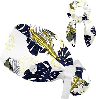 FVQL 2 Pieces Surgical Cap for Long Hair Scrub Cap with Hairband Nurse Cap, Summer Tropical Leaf Monstera