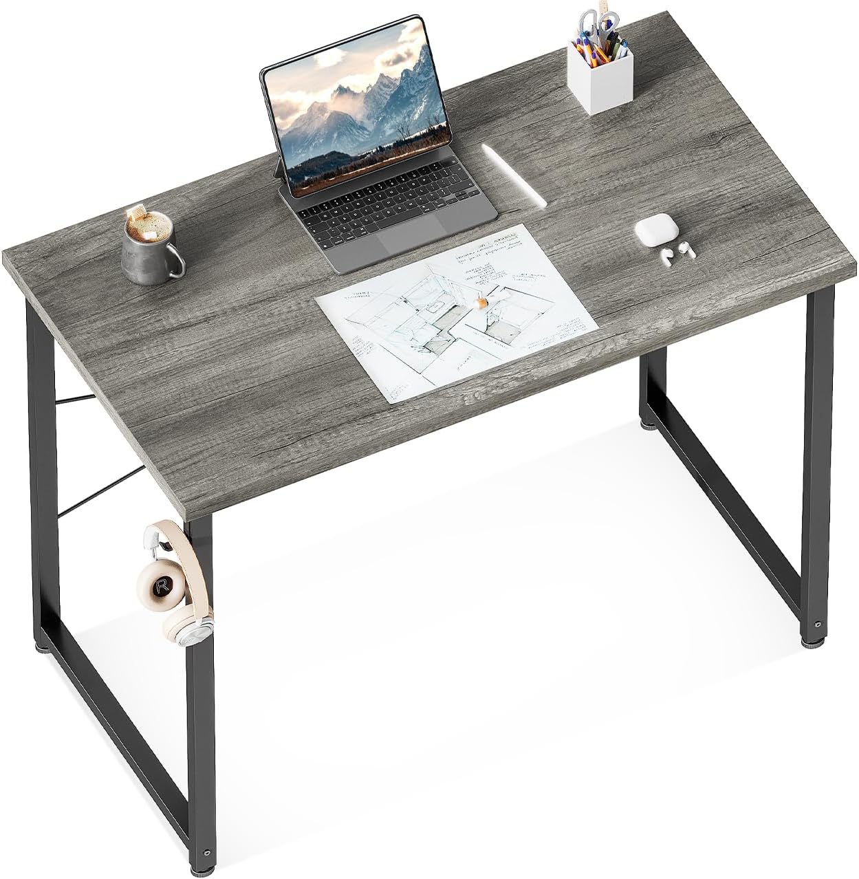 ODK 32 Inches Computer Desk for Home Office, Office Table for Small Spaces, Writing Desk with Headphone Hooks, Grey Oak