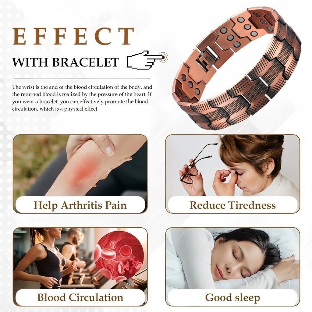 Magnetic Copper Bracelets for Men, 99.99% Pure Solid Copper Bracelet with Magnets, Adjustable Clasp, Retro Design,Men's Jewelry Gifts