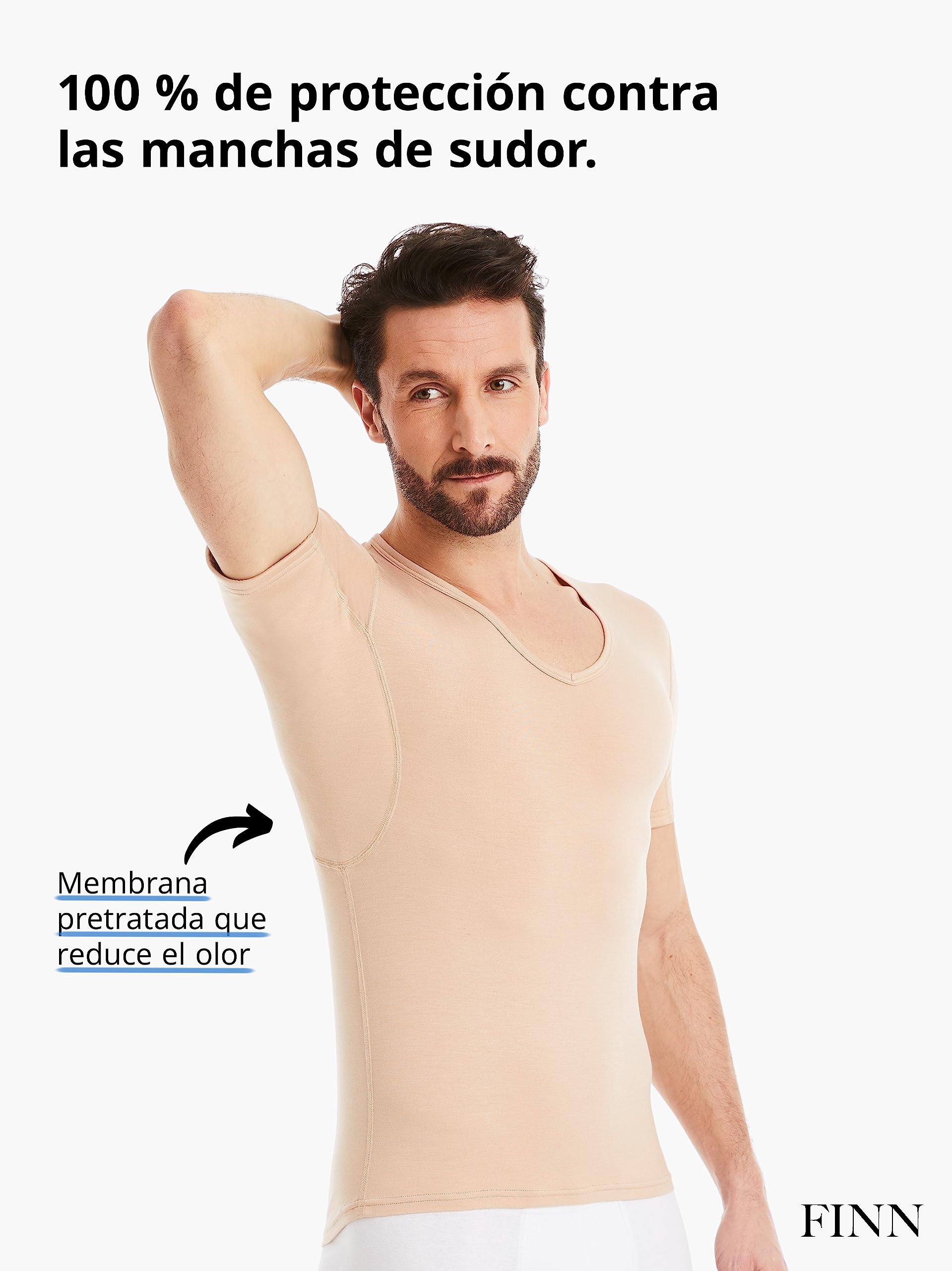 FINN Camiseta Anti-Sudor Hombre con Cuello de Pico y Parches antisudor contra la Sudoración Intensa - Camiseta Interior con Protección Garantizada contra Manchas de Sudor y Mal Olor