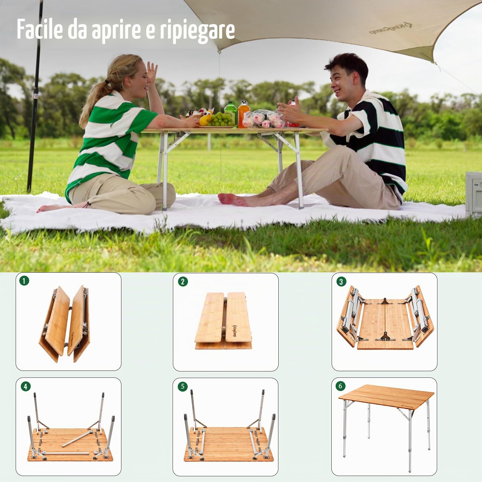 KingCamp Tavolo Pieghevole 100x65x45/52/65cm in Bamboo Regolabile in Altezza, da Esterno, Interno, Portatile, Salvaspazio, da Campeggio, Arrotolabile, Balcone Giardino Picnic