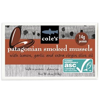 Coles Patagonian Smoked Mussels Canned with Lemon & Garlic in Extra Virgin Olive Oil | 4oz Hand-Packed Tinned Mussels | 14g Protein | Single Unit