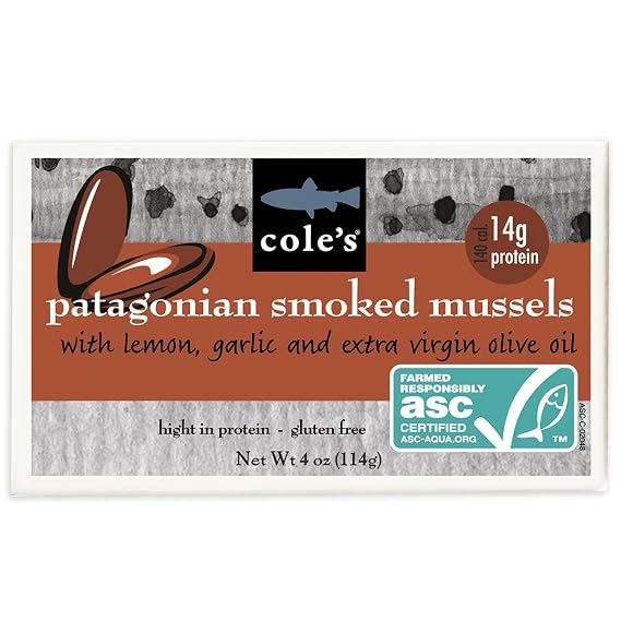 Coles Patagonian Smoked Mussels Canned with Lemon & Garlic in Extra Virgin Olive Oil | 4oz Hand-Packed Tinned Mussels | 14g Protein | Single Unit