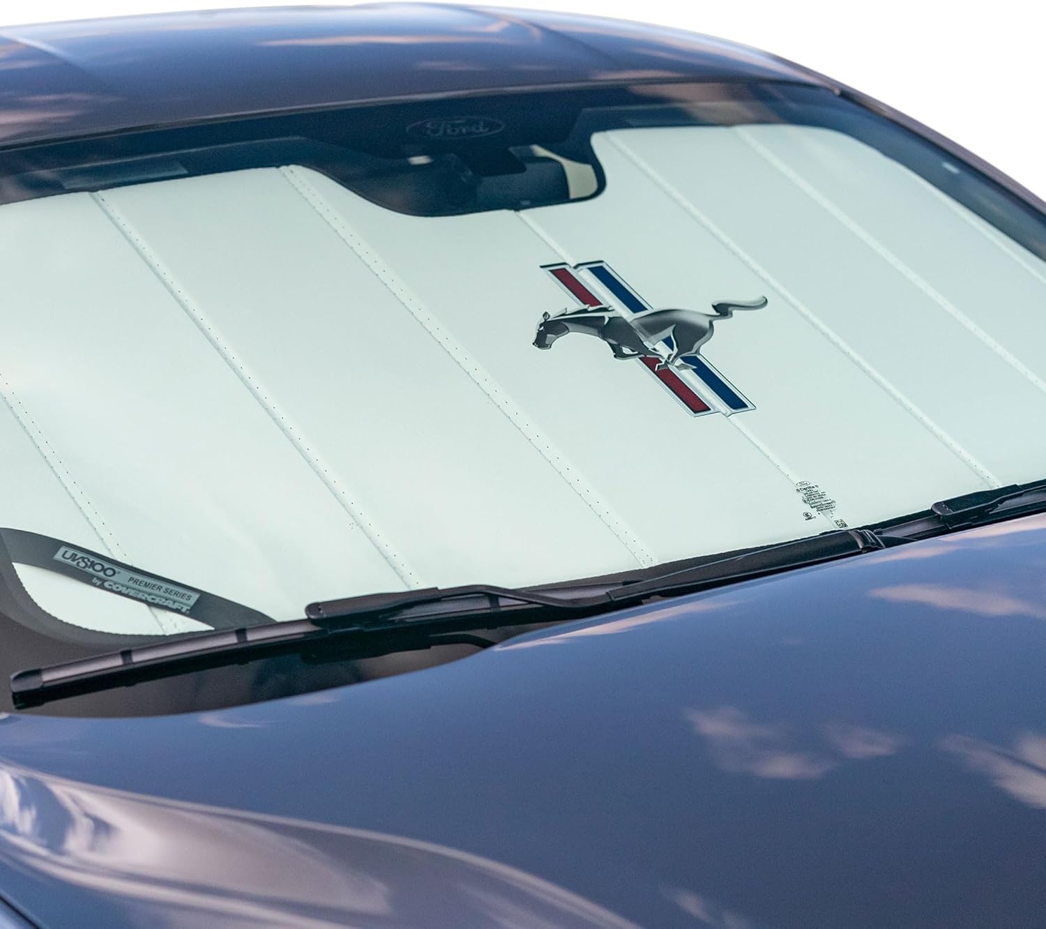 Covercraft Ford Mustang Tribar Logo UVS100 Premier Custom Windshield Sunscreen for 2015-2023 Ford Mustang with Rearview Mirror Camera Option