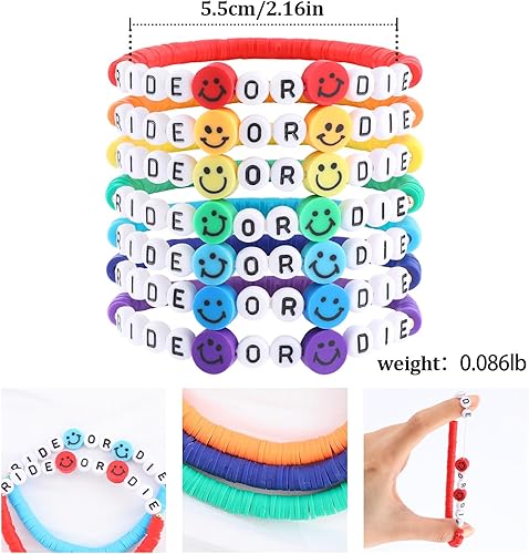 Miniatura 2 de Juego de pulseras Heishi Surfer de arcoíris para mujeres y niñas, pulseras apilables de arcilla con cuentas de disco, pulseras elásticas de disco,