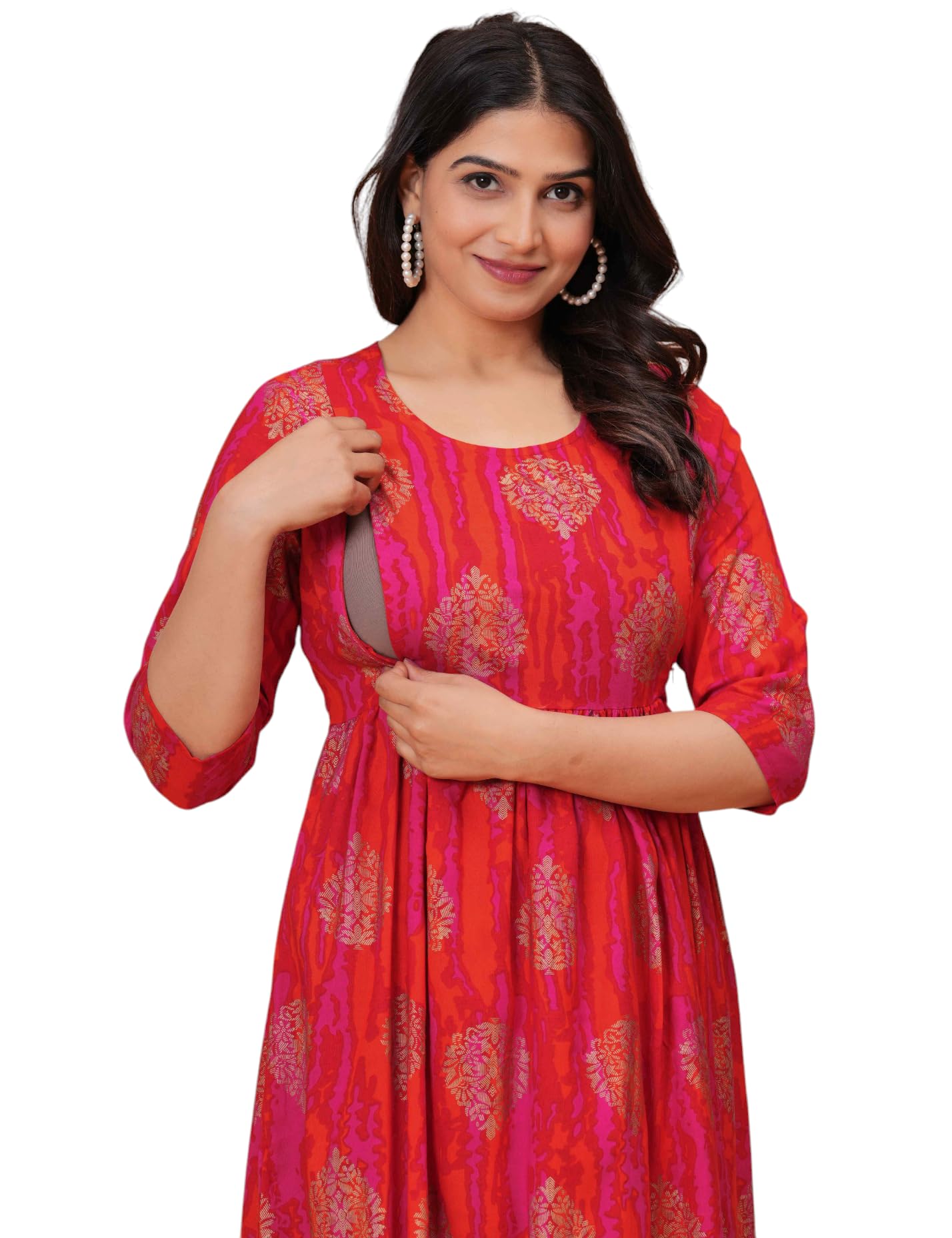 Women's Cotton Printed Maternity Feeding Kurti with Hidden Zip Baby Shower Gown Pregnancy Dresses