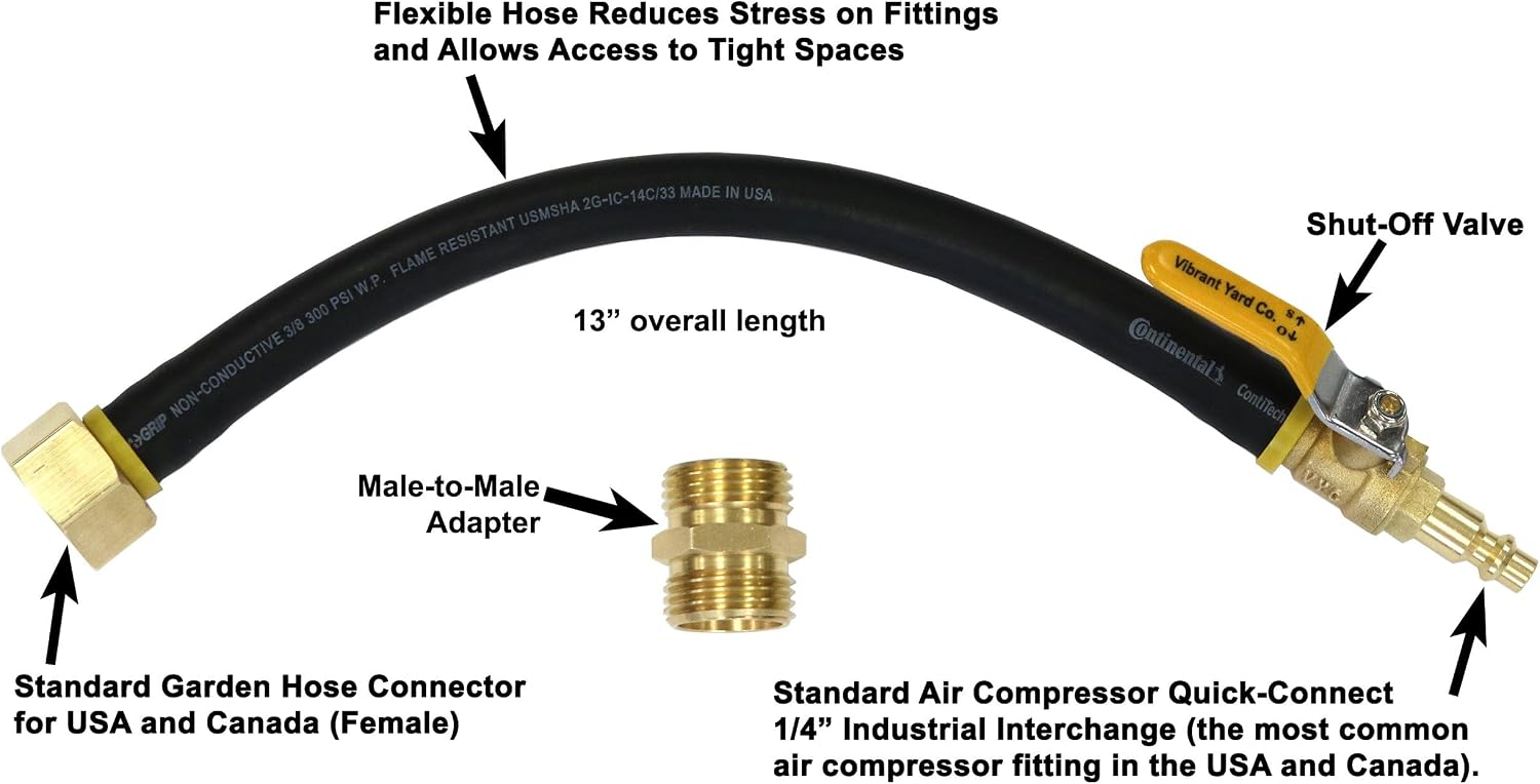 Winterize Sprinkler System, Outdoor Faucet, RV, Camper, and Travel Trailer: Air Compressor Plug To Garden Hose Faucet Blow Out Adapter with Male-to-Male Fitting, 13" Long
