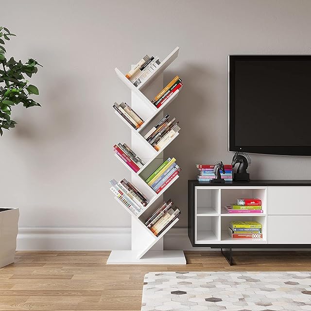 YITAHOME Tree Bookshelf, Floor Standing Book Shelf, Rustic Industrial Wooden Shelves Bookcase, Display Storage Shelving Units for Living Room / Home / Office - White Bookshelf