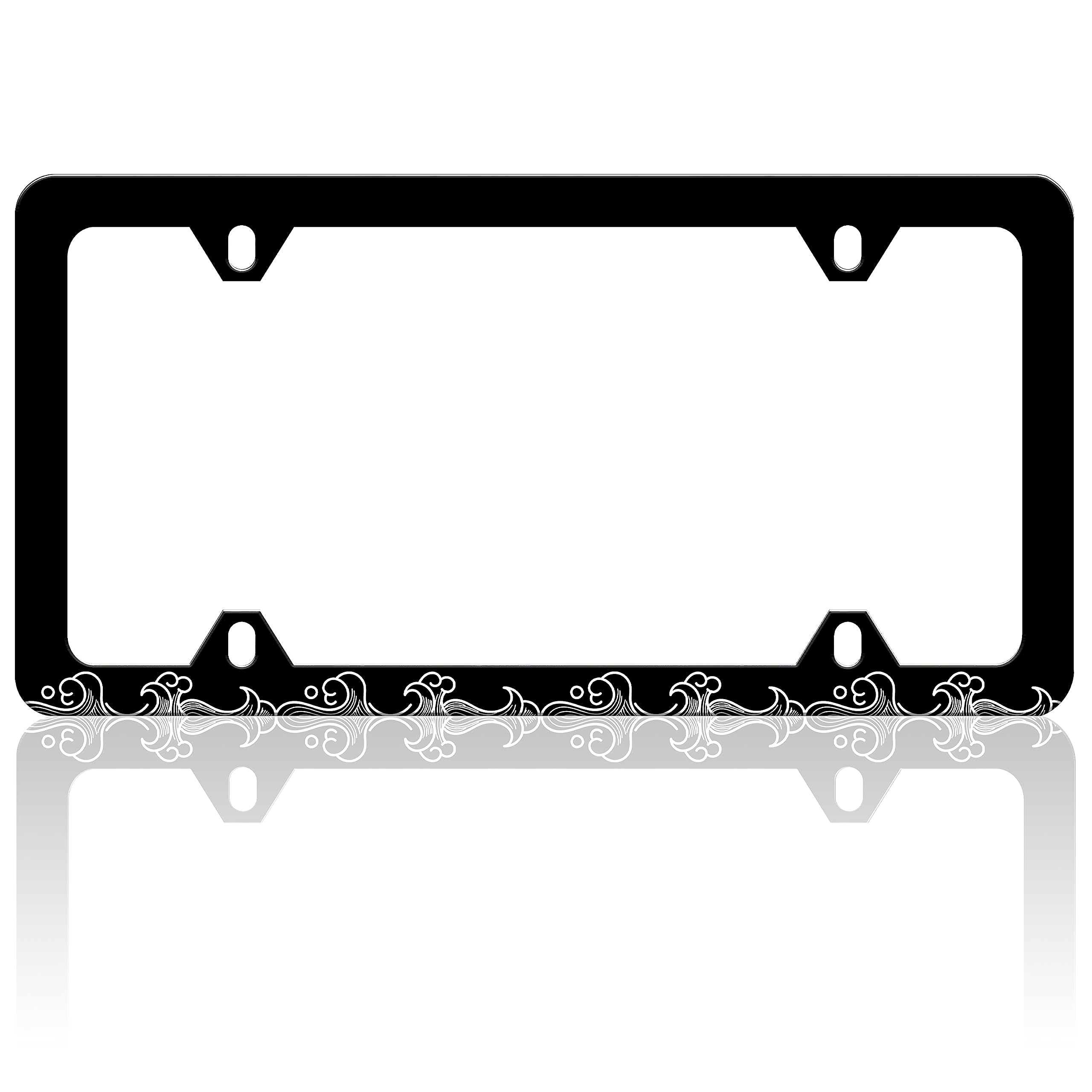 Ocean Waves License Plate Frame Funny Beach Pattern License Plate Frames Auto Accessory Bracket Stainless Steel License Plate Holder with Screws for Women Men 6x12 Inch 4 Holes
