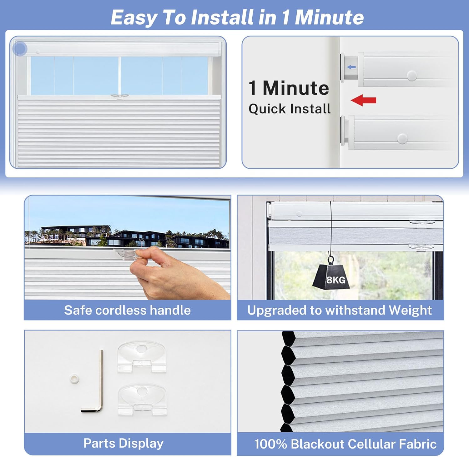 UrMoon No Tools No Drill Top Down Bottom Up Cellular Shades for Windows Blackout Cordless Cellular Blinds Shades for Home, Easy to Install, Blackout Navy Blue, Custom Sizes