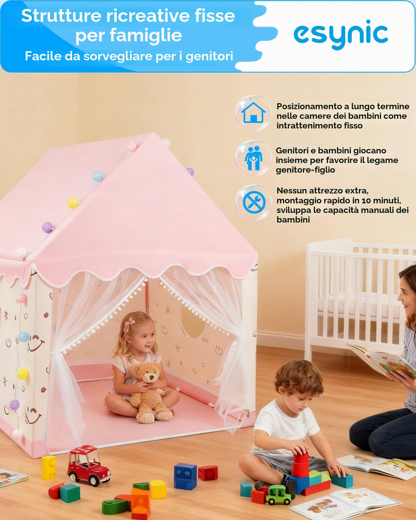 eSynic Tenda da Gioco per Bambini con Luci LED Decorative, Casetta Stanza di Attività Giochi Riposo con 2 Finestre per 2-3 Piccoli, Angolo da Lettura Studio, Facile da Montare - Rosa