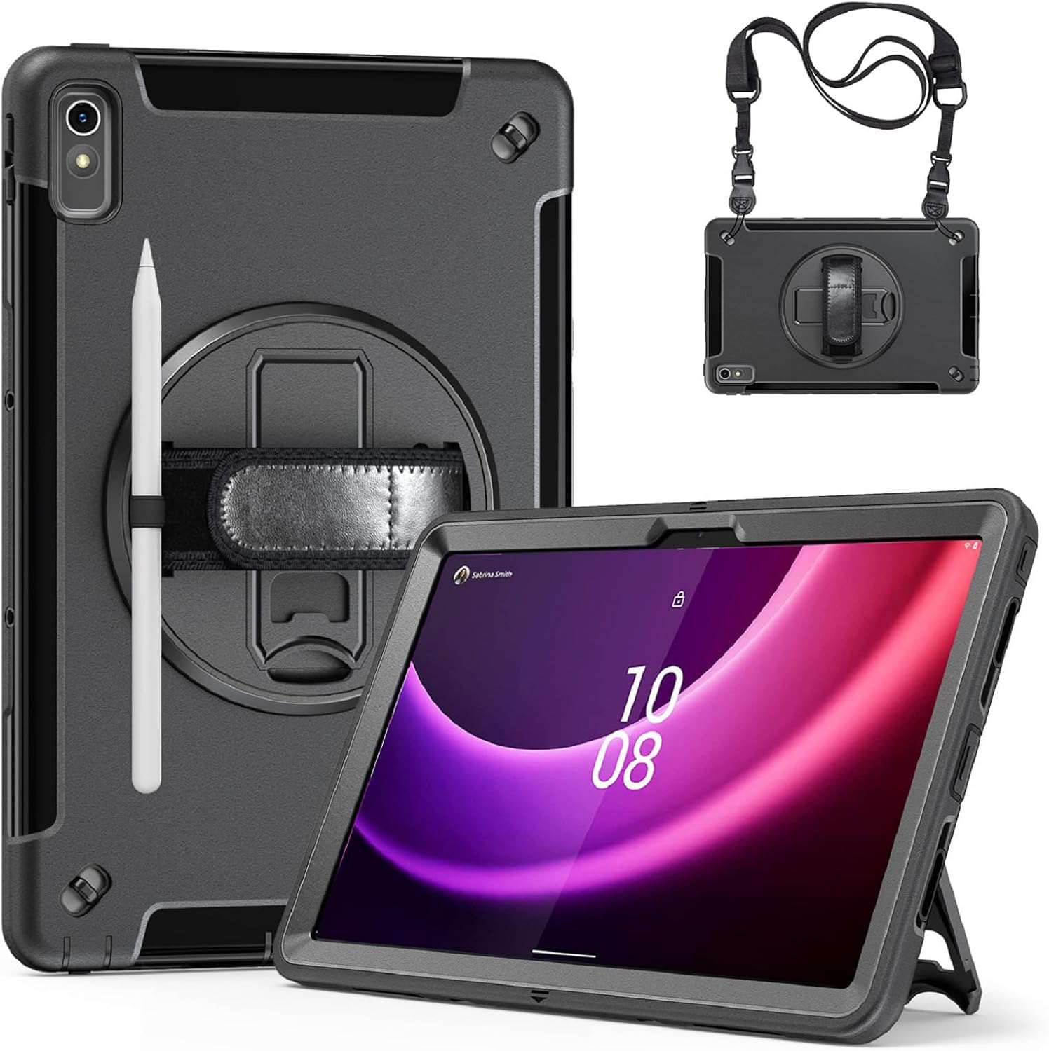 JunfireCase for Lenovo Tab P11 2nd Gen 11.5 inch 2022 (TB350FU / TB350XU), Rugged Protective Case with Rotating Kickstand Hand Strap Shoulder Belt for Lenovo Tab P11 Gen 2 Case, Black