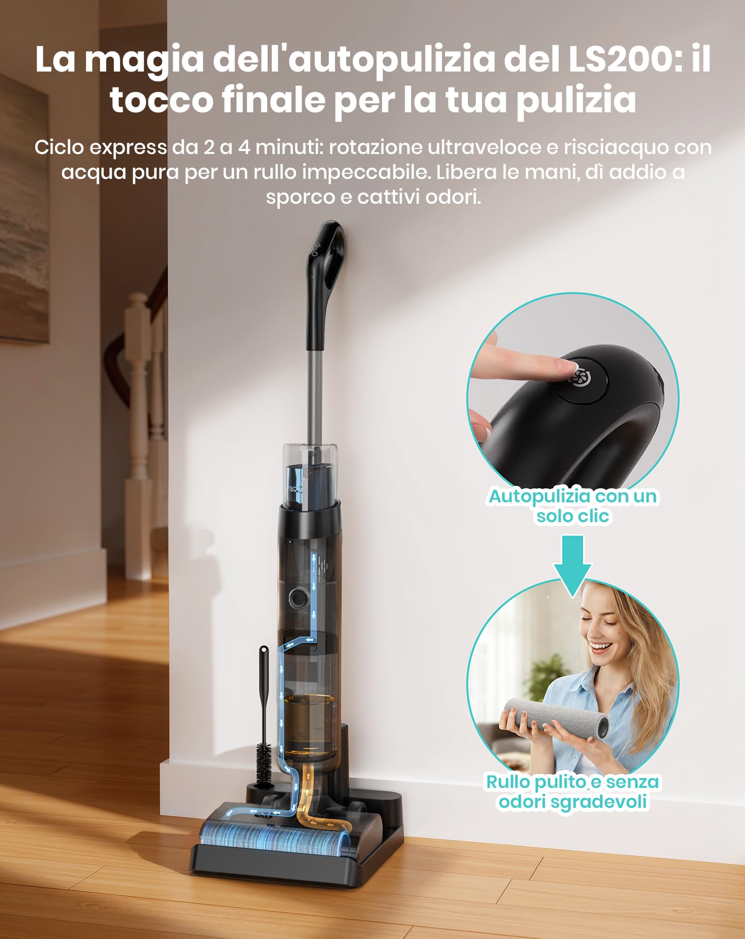 LEFANT LS200 Aspirapolvere Lavapavimenti Senza Fili, 20.000 Pa, Pulizia 3-in-1 Spazza Aspira Lava, Autopulente, Bordo Sottile 5 mm, 30 Min Autonomia, Scopa Lavapavimenti Maneggevole