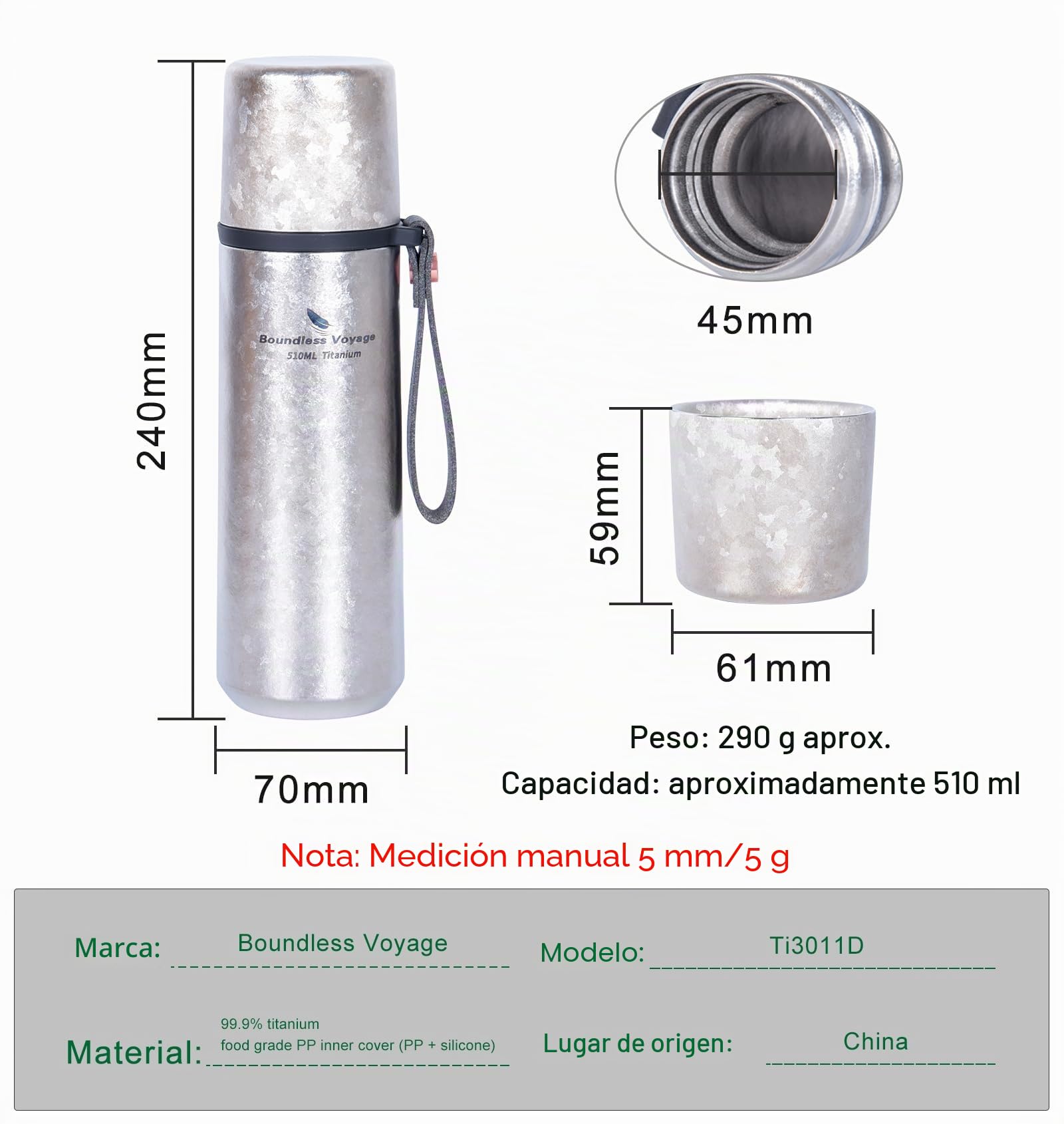 iBasingo Botella termo de titanio de 510 ml, termo de vacío, botella de agua, botella de agua, botella de agua, botella de metal para exteriores, ligera, a prueba de fugas, termo Ti3011D