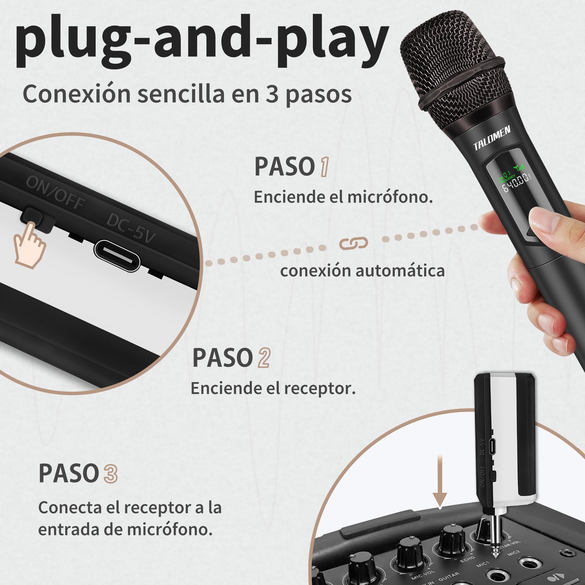 talomen Micrófono inalámbrico Profesional, Sistema cuádruple 2.4 GHz, micrófono dinámico Recargable con Receptor, Alcance de 160ft, Ideal para Karaoke, Canto, Fiestas, K604 Blanc, Argent, Gris, Noir