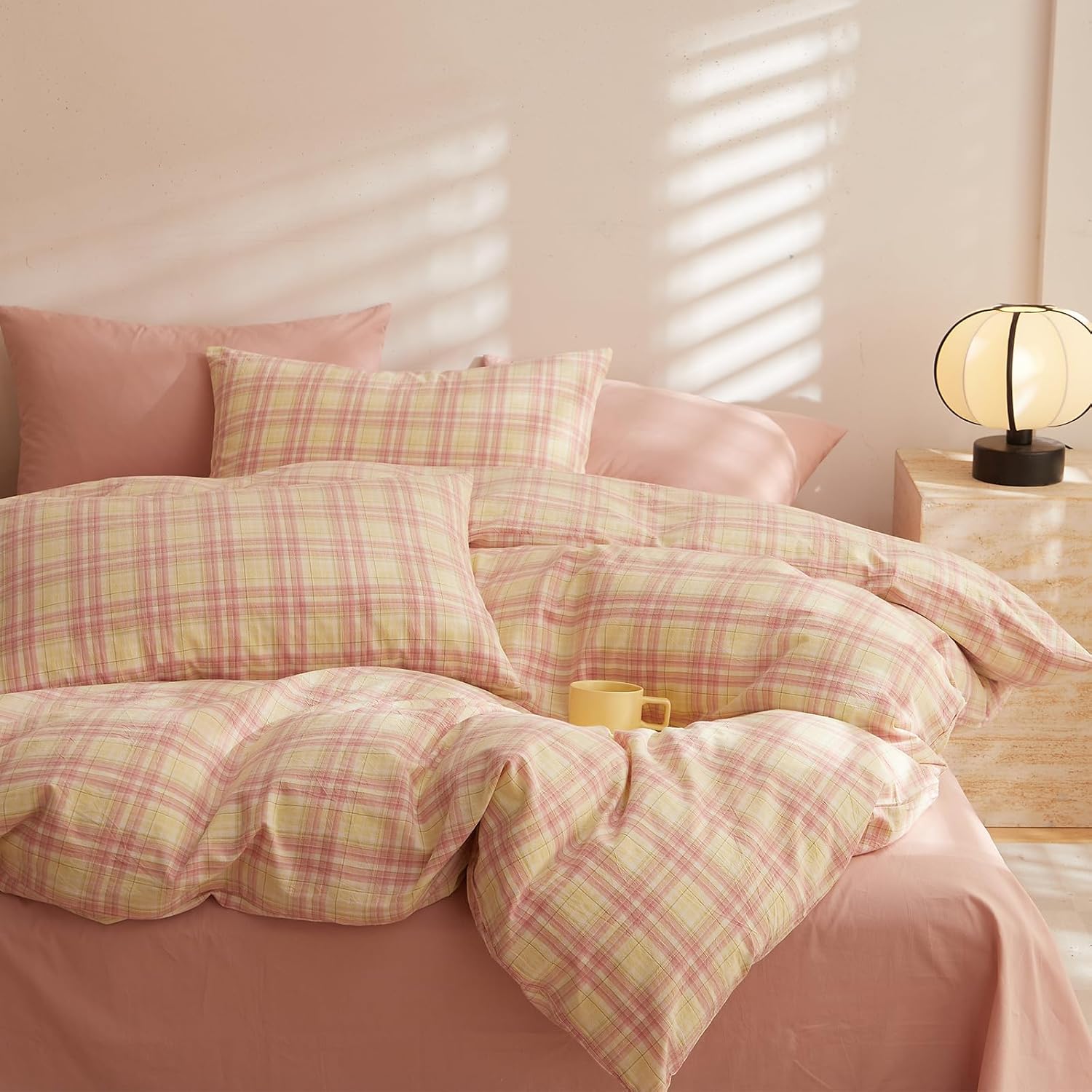 EAVD Vintage Style Gingham Comforter Set Queen Soft 100% Washed Cotton Retro Yellow&Pink Grid Checkered Bedding Set with 2 Pillowcases Reversible Geometric Plaid Comforter Set for All-Season