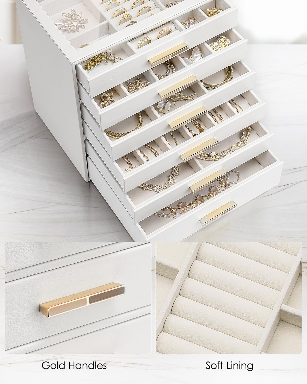 VLANDO 6 Layer Jewelry Box for Women, Glass Lid Jewelry Organizer with 6 Drawers for Necklaces Rings Earrings Bracelets - White - Image 6