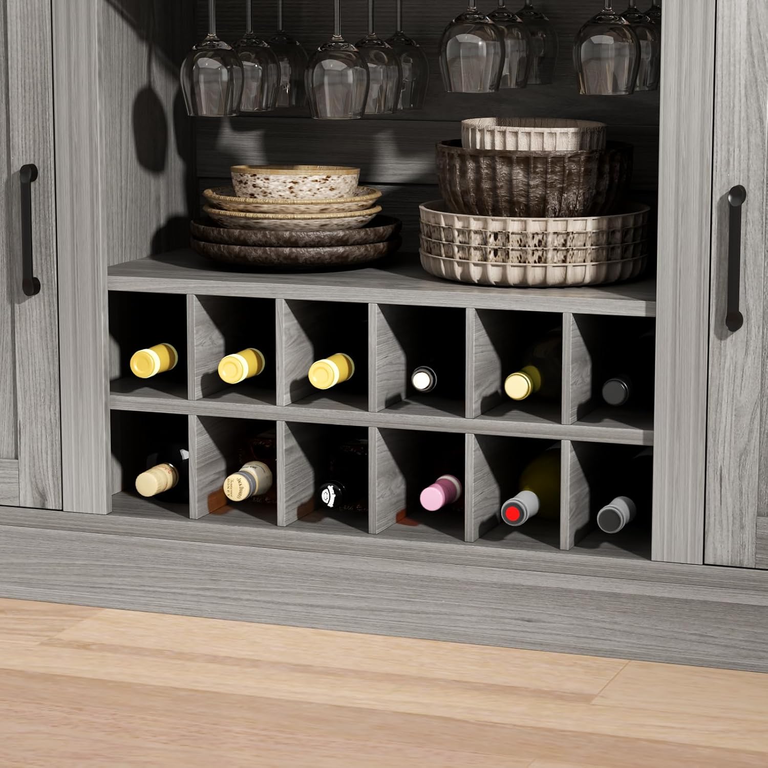 Loomie Bar Table Cabinet with LED & 3 Drawers,Liquor Bar with Adjustable Storage Shelves & Stemware Holders,Crescent Shaped Counter for Home Pub,Wine Alcohol Bar Stand with Wine Rack & Door (Grey Oak)