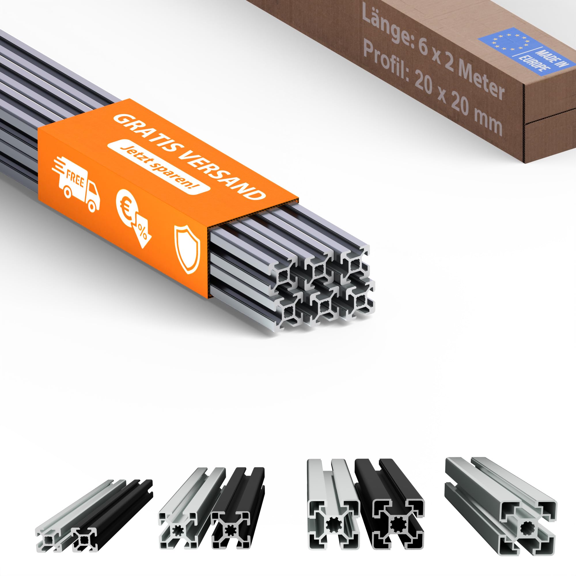 TIVENDIS Montageprofil 20x20 Nut 6 Set 6 Stück 2 Meter Aluminium Alu Profil silber eloxiert Systemprofil für Rahmenbau und Montage