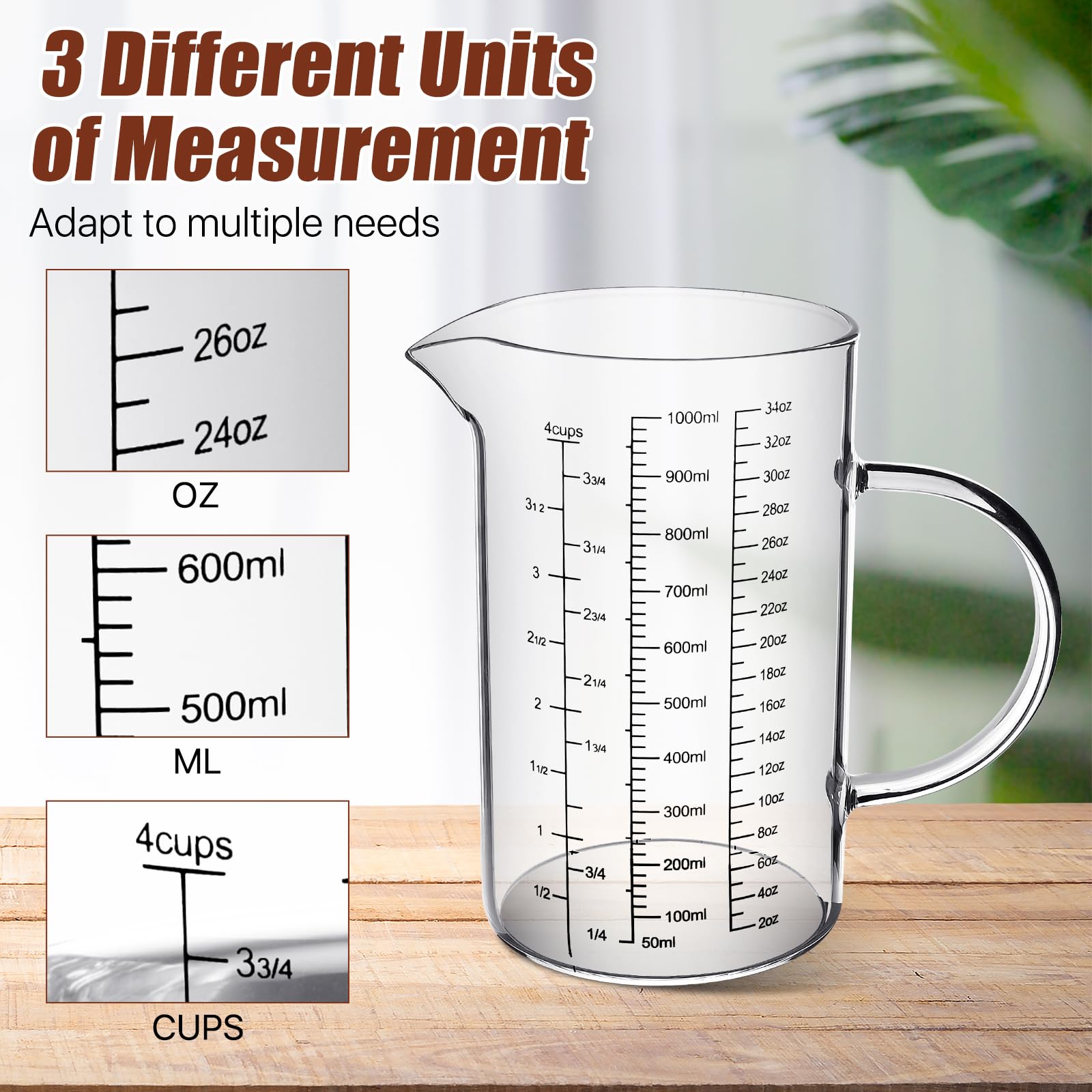 Paquete de 3 tazas medidoras de vidrio, 1 taza, 2 tazas, jarras medidoras de 4 tazas con mango y boquilla en forma de V, 3 escalas (oz, taza, ml), taza medidora de vidrio de borosilicato alto