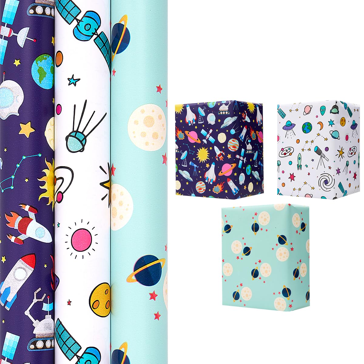 3 Rolls Birthday Gift Wrapping Paper : 43cm x 3M Space Pattern Wrapping Paper - Blue, Sky blue and White Paper for Kids Birthday Gift Wrapping