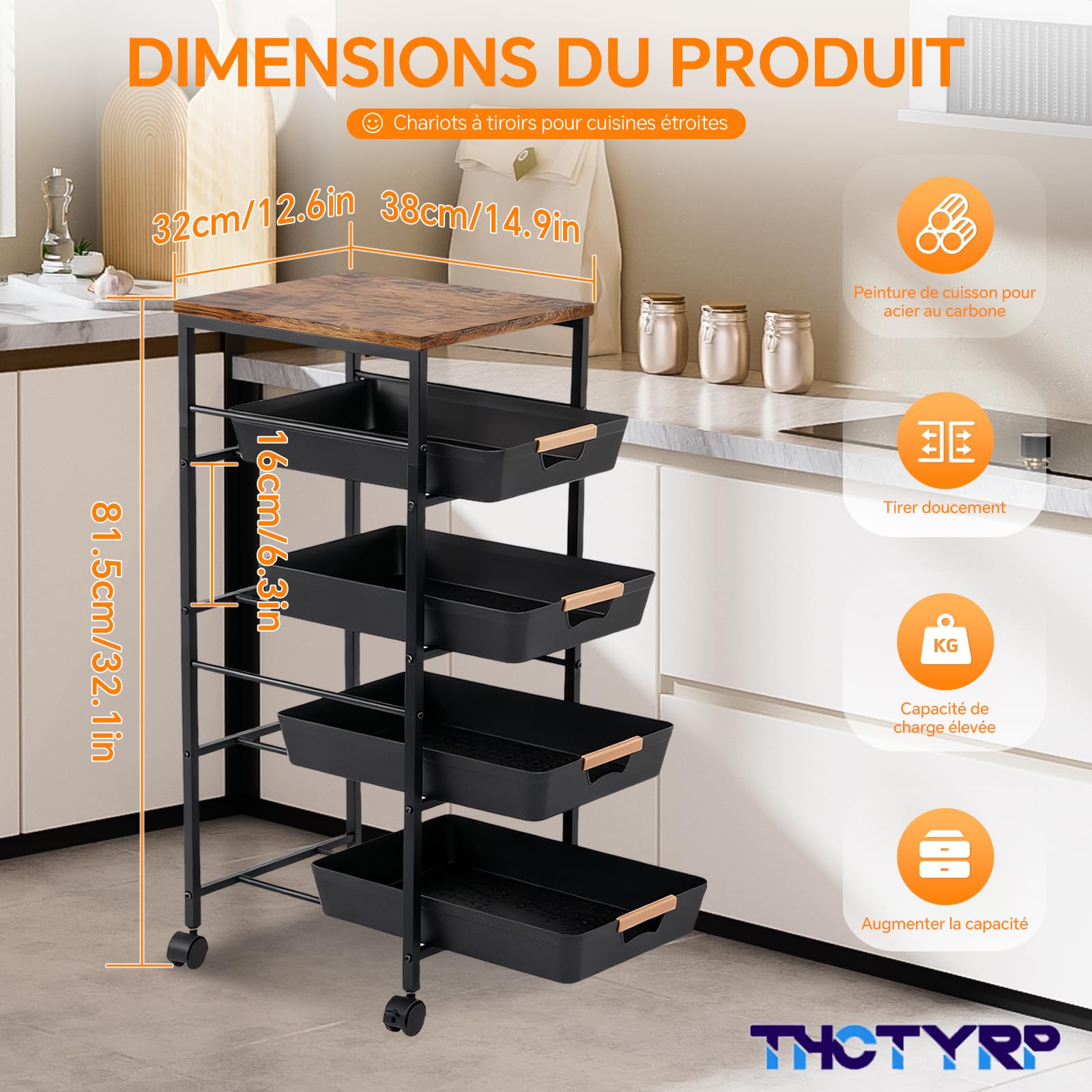 desserte à roulettes, Etagere Salle de Bain, Chariot 5 étages 4 tiroirs, roulettes 360° avec 2 Freins, adapté pour Cuisine et Salon, Salle de Bain, etc.
