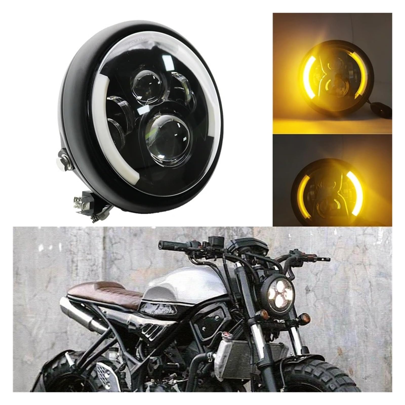 Optique Moto LED Universel 7.5 Pouces Blanc/Ambre Pièces Lampe Frontale Motos Phare LED Phare Avant