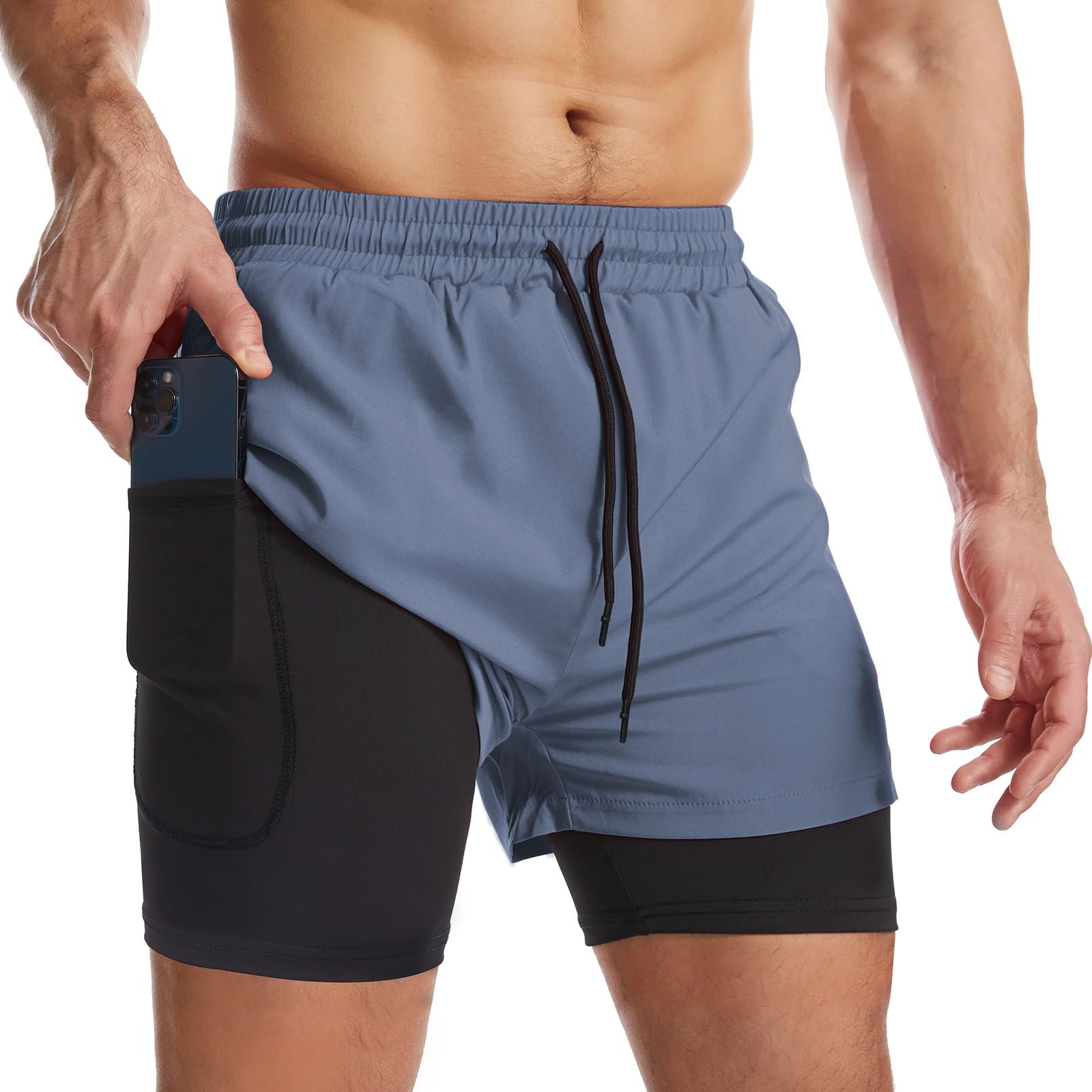 Surenow Mens 2 in 1 Running Shorts Quick Dry Athletic Shorts with Liner, Workout Shorts with Zip Pockets and Towel Loop