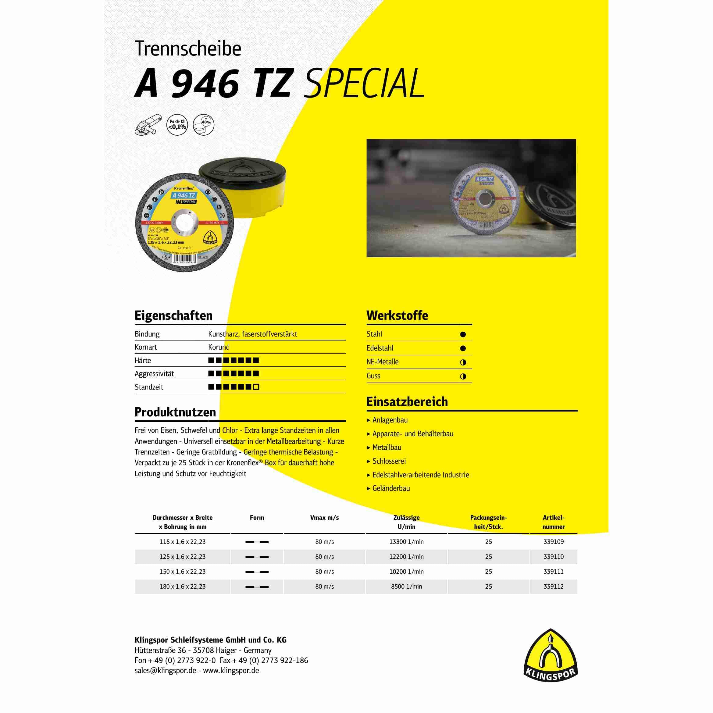 25 discos de corte Klingspor A 946 TZ, 230 x 1,9 x 22,23 mm