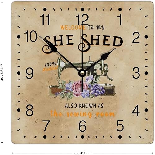 Miniatura 2 de Zyadsinoudor Reloj de pared de PVC con texto en inglés "Welcome to My She Shed", máquina de coser con flores moradas, reloj de pared grande de 12