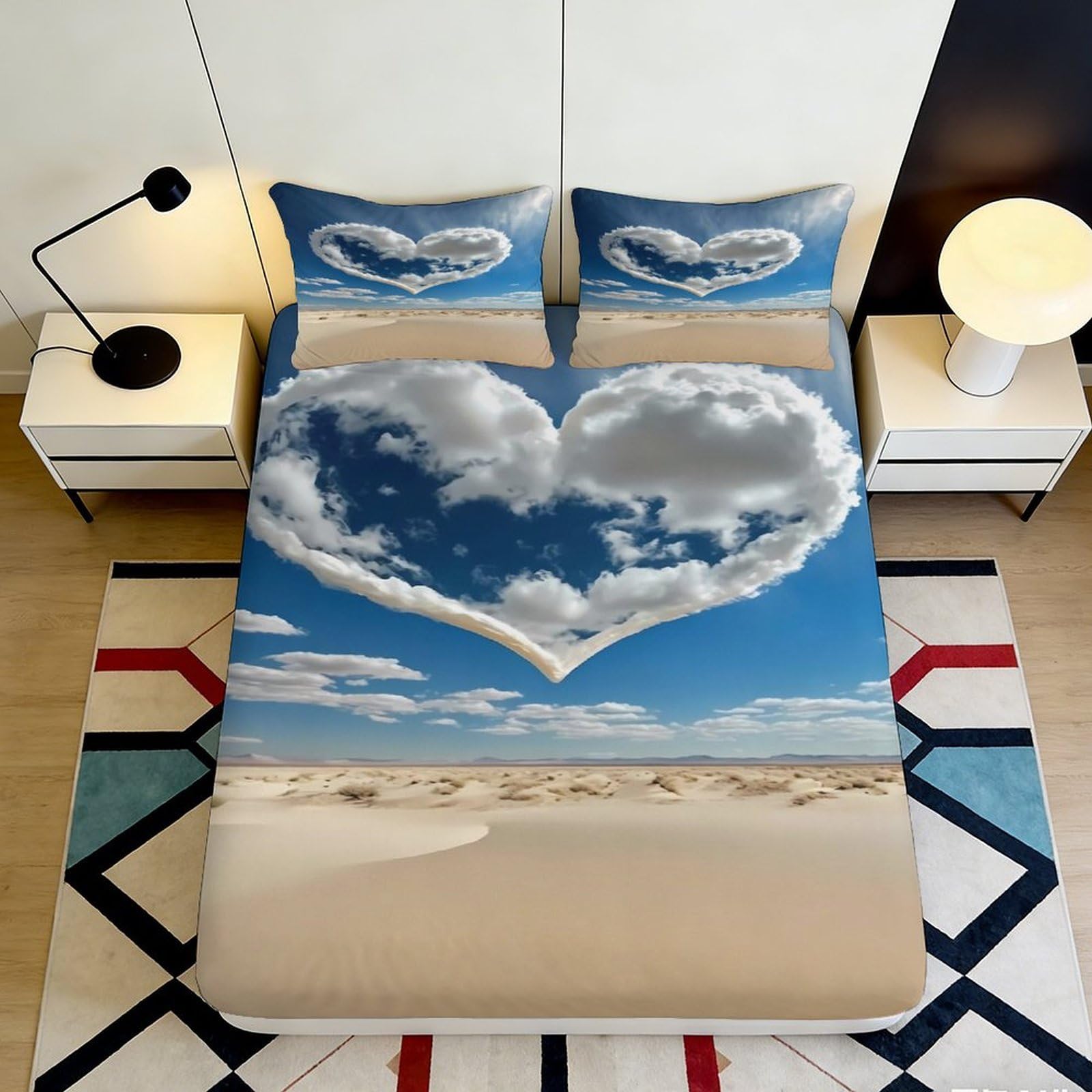 3D Printed Heart Cloud Fitted Sheet Microfiber Soft Durable Blue Sky Bed Cover for Bedroom Dormitory Guest Room Mattress Protection 120x200x25cm