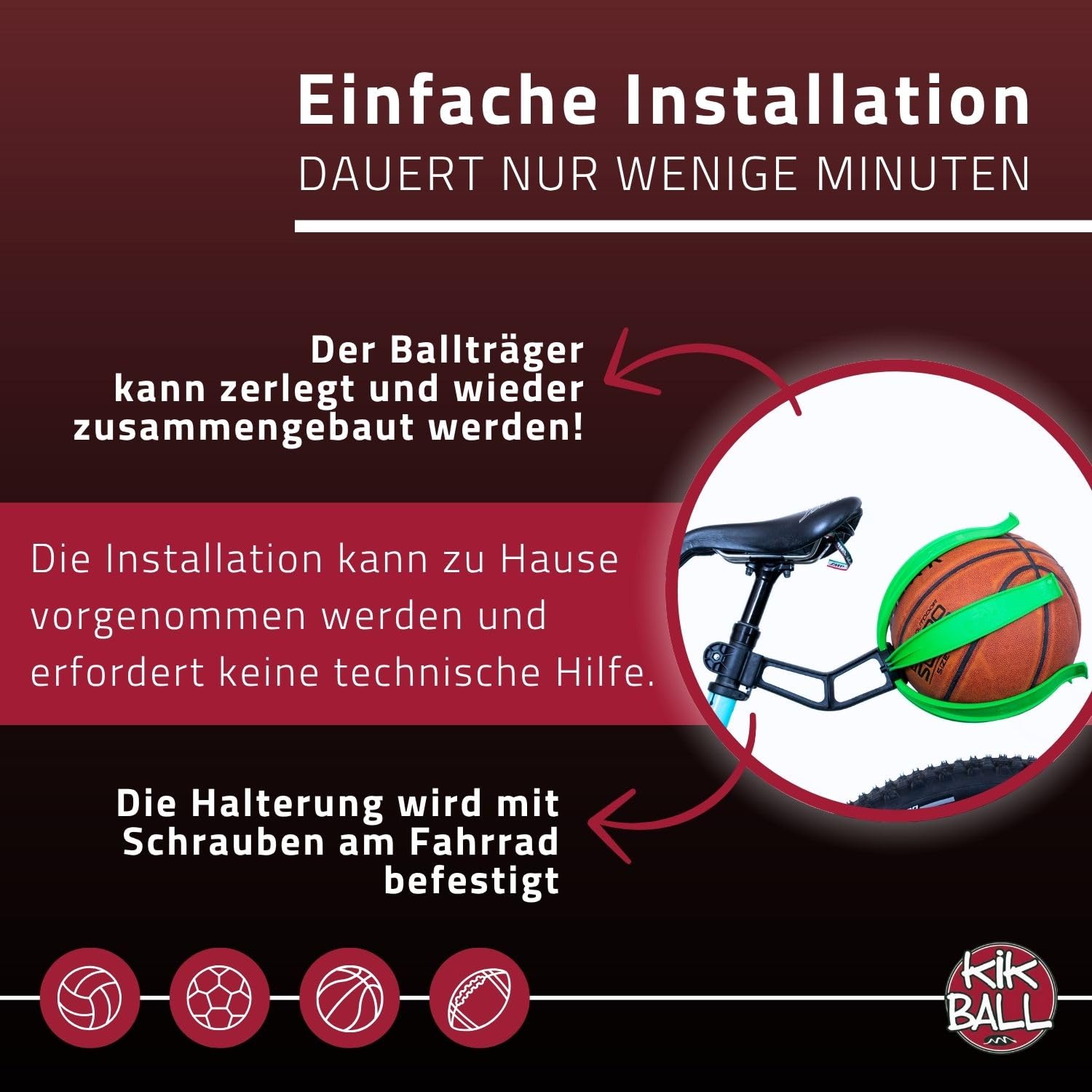 Fahrrad-Ballhalter, Kindersicherheitsgerät für Kinder und Jugendliche, einfache Anbringung, geeignet für Fußball, Volleyball, Basketball, Rugby Ball
