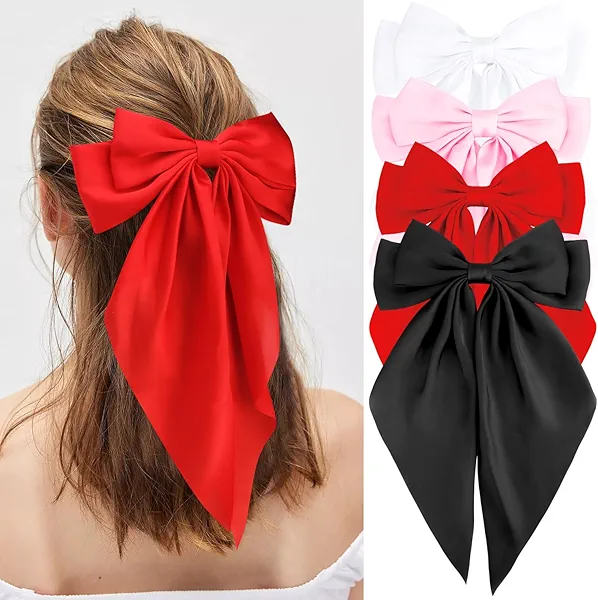 Atoden Hair Bows Silky Satin Bows for Hair Ribbons 4Pcs Coquette Oversized Long Tail Hair Bow Clips Barrettes Big Bowknot Hair Accessories for Women Girl Trendy Stuff Gifts (White Pink Red Black)