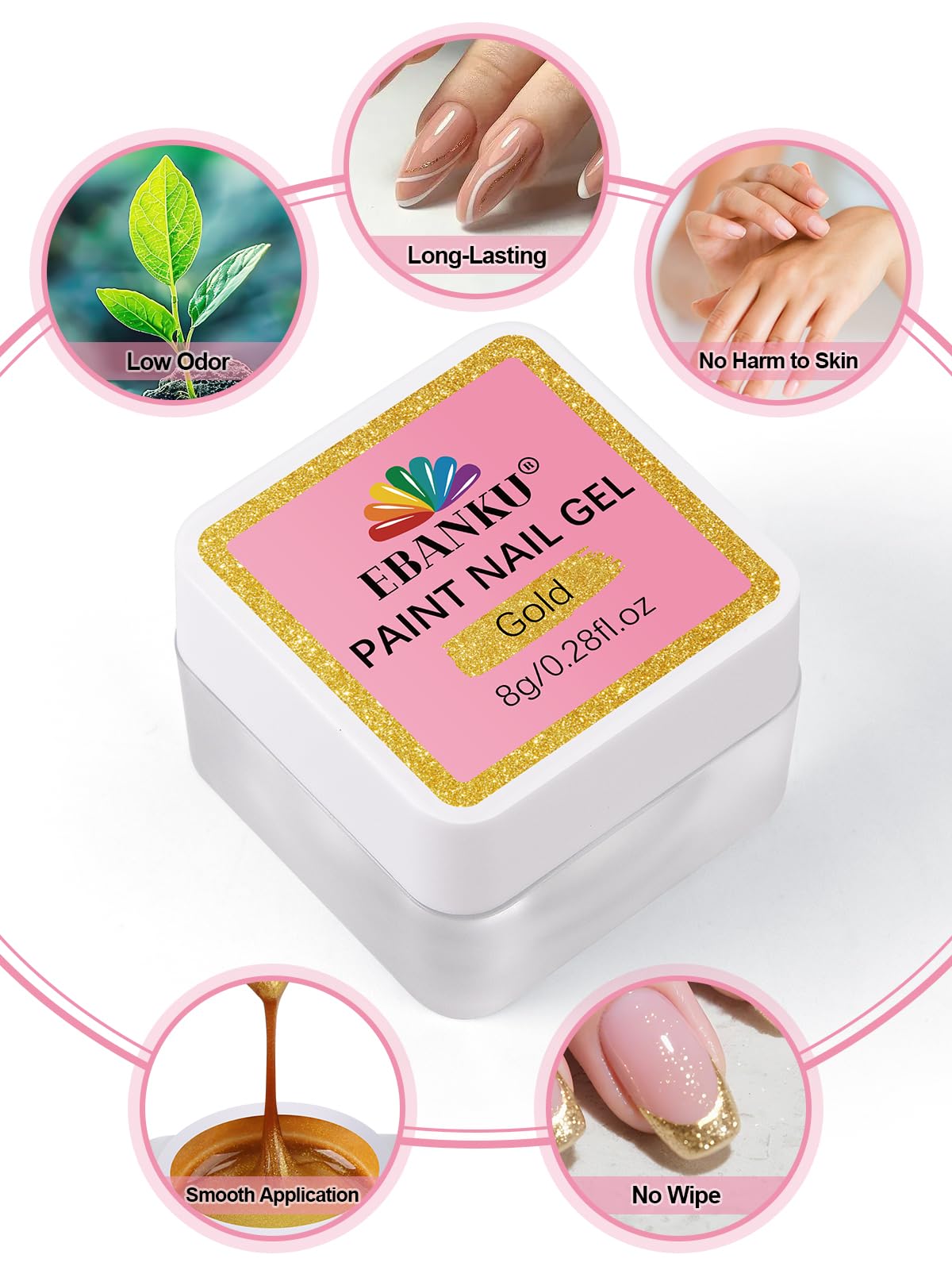 EBANKU Nail Painting Gel, Gold No Wipe Gel Nail Polish for French Tip for Drawing Striper Floral Salon Home DIY Manicure - Image 2