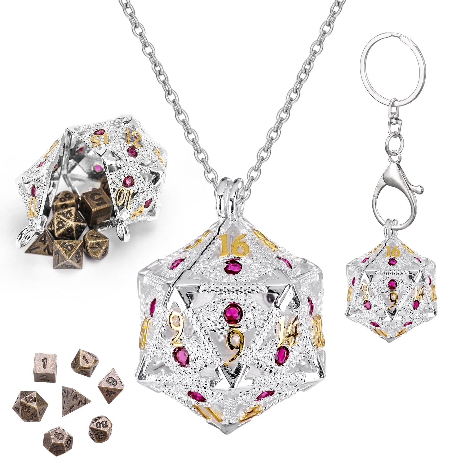 ManChDa Mini Metal DND Dice Set Hollow D20 Necklace Dice DND Case Metal Dice Set DND Keychain 7PCS Dice Set Silver Red