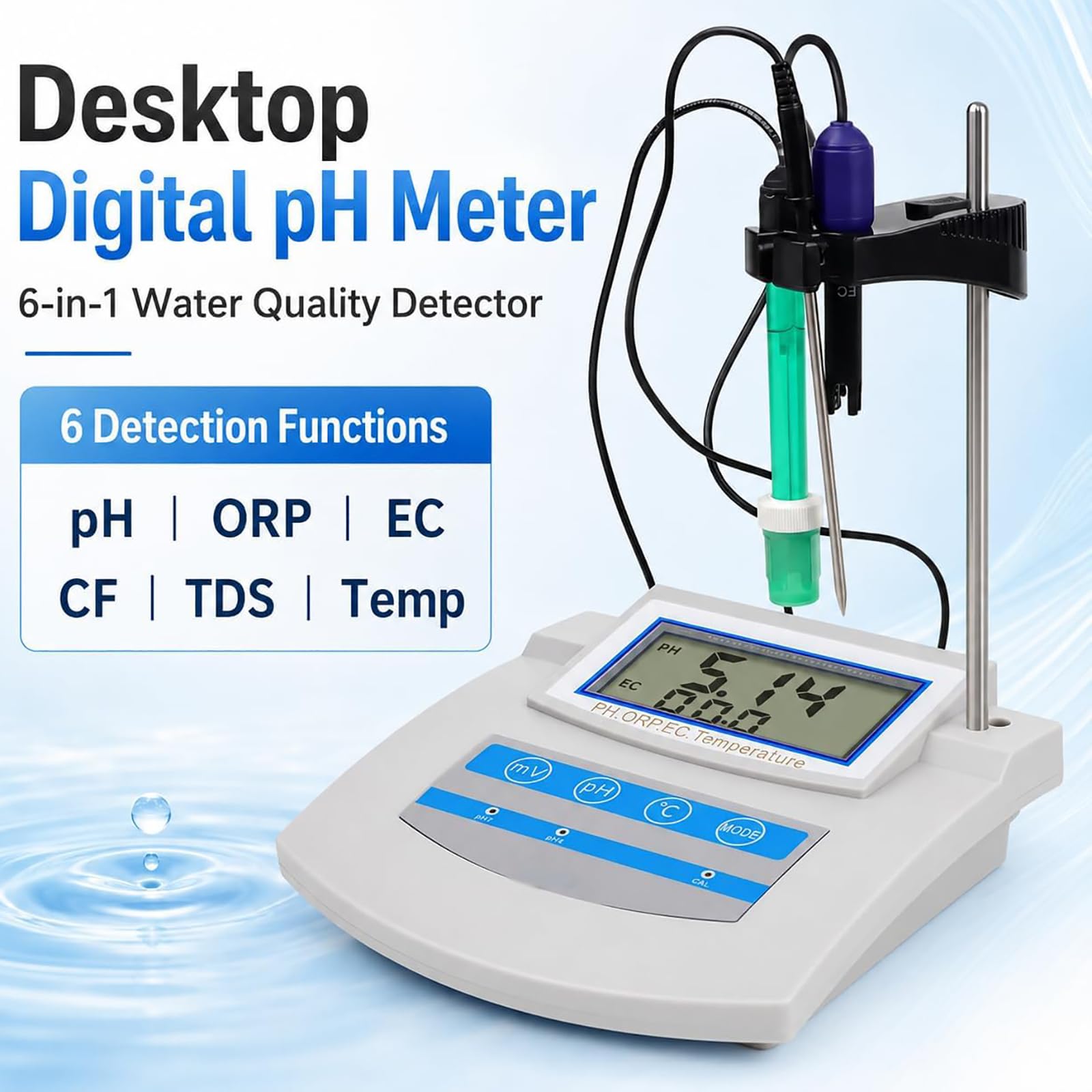 Kit de medidor de pH digital 6 en 1 con compensación de temperatura, almacenamiento de datos para laboratorio, agua, hidroponía, EC, PPM y pruebas de conductividad