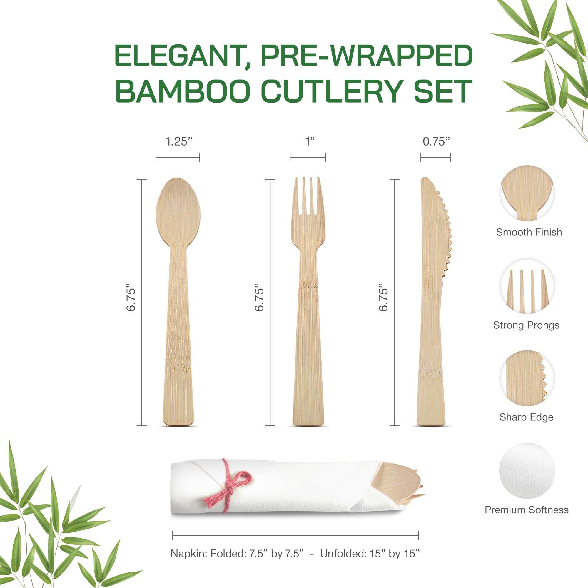Set di posate usa e getta in bambù prerolled – Confezione da 150 posate preconfezionate e set di tovaglioli con forchette, coltelli, cucchiai per feste, matrimoni, eventi e barbecue