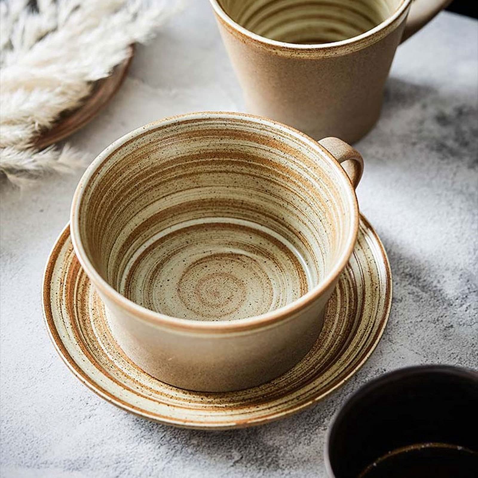 Ceramiczny kubek do kawy Porcelanowy duży kubek do kawy z uchwytem 15.2 uncji Duży kubek do herbaty Retro spiralna konstrukcja Szeroki kubek Zestaw kubków do kawy (szary)