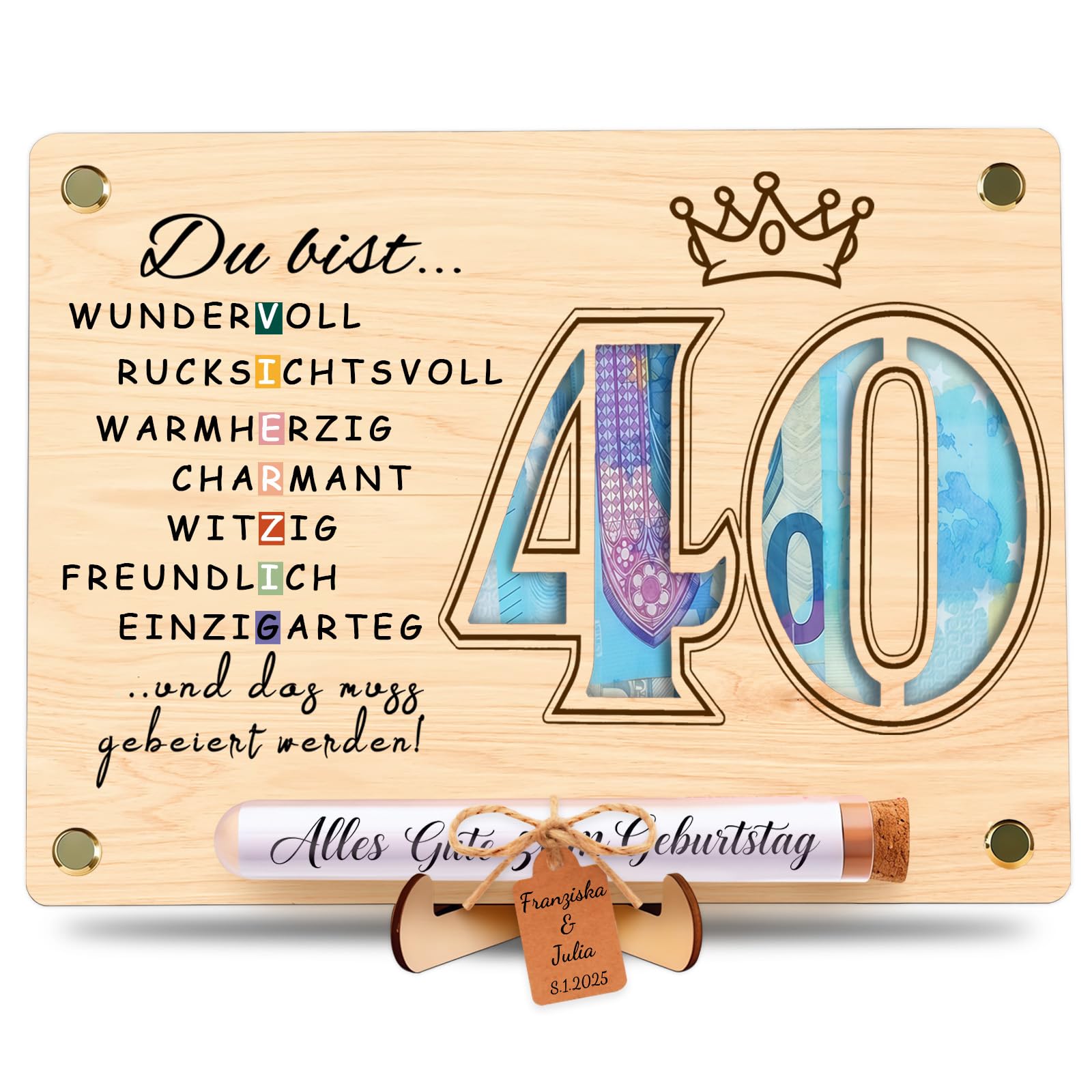 Charfia 40 Geburtstag Männer Frauen, Geldgeschenk Geldgeschenke Deko 40. Geburtstag Frauen Frau, Geschenke für Männer Geburtstagskarte aus Holz inkl. Ständer