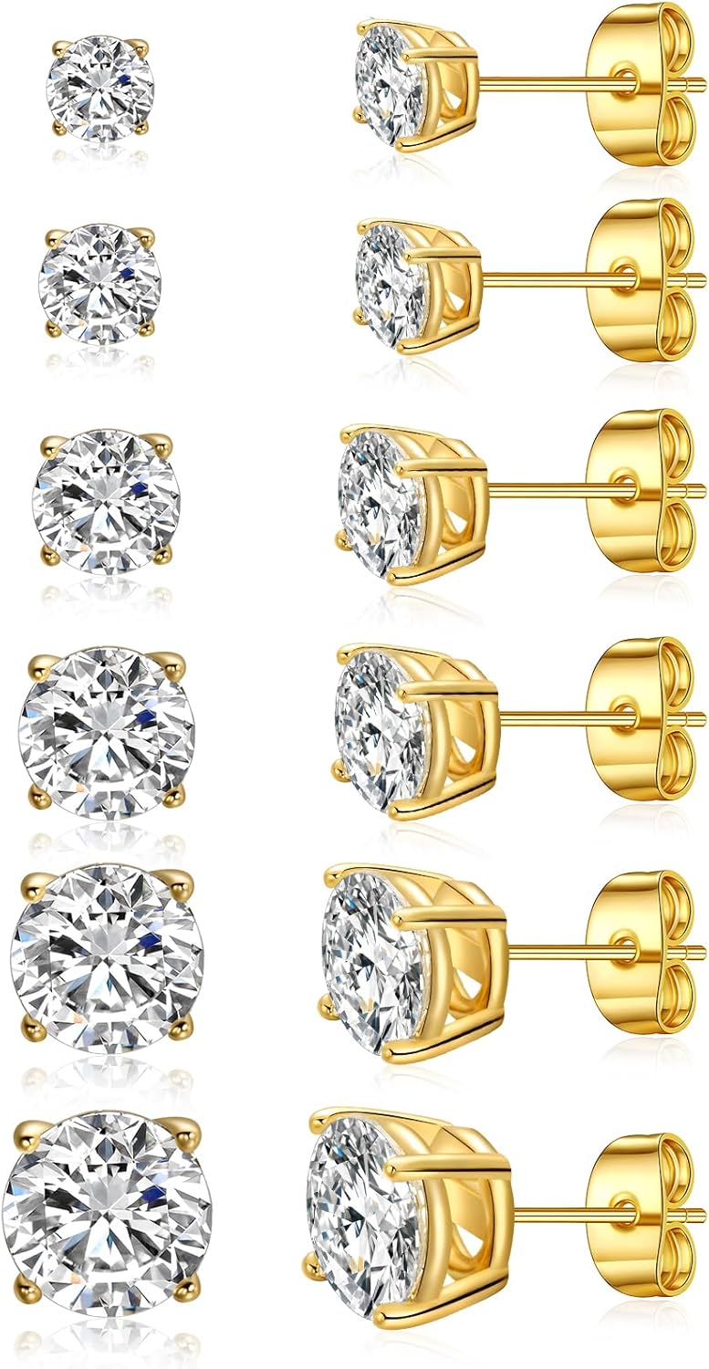 Gemsme 5 Pairs Princess Cut Cubic Zirconia Stud Earrings for Women/Men - 18K Gold Plated Hypoallergenic 3-7mm Square Clear CZ Earring Set