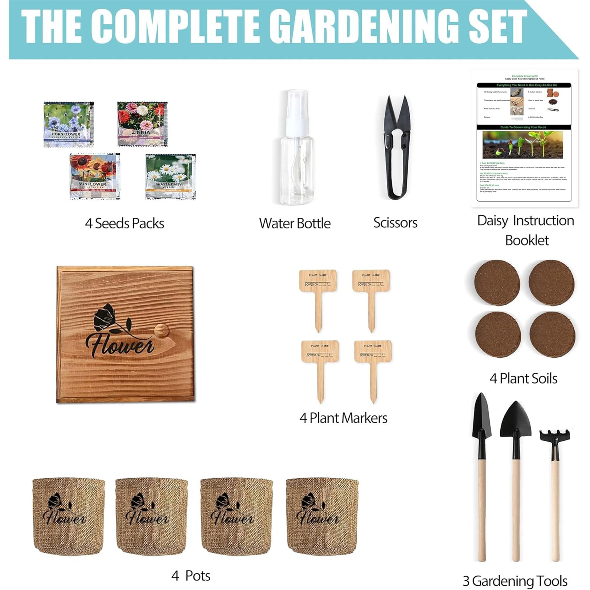 Meekear Kit di avviamento per interni con kit completo da giardinaggio e scatola di legno, per crescere in margherita Shasta, fiordaliso, girasole, zinnia