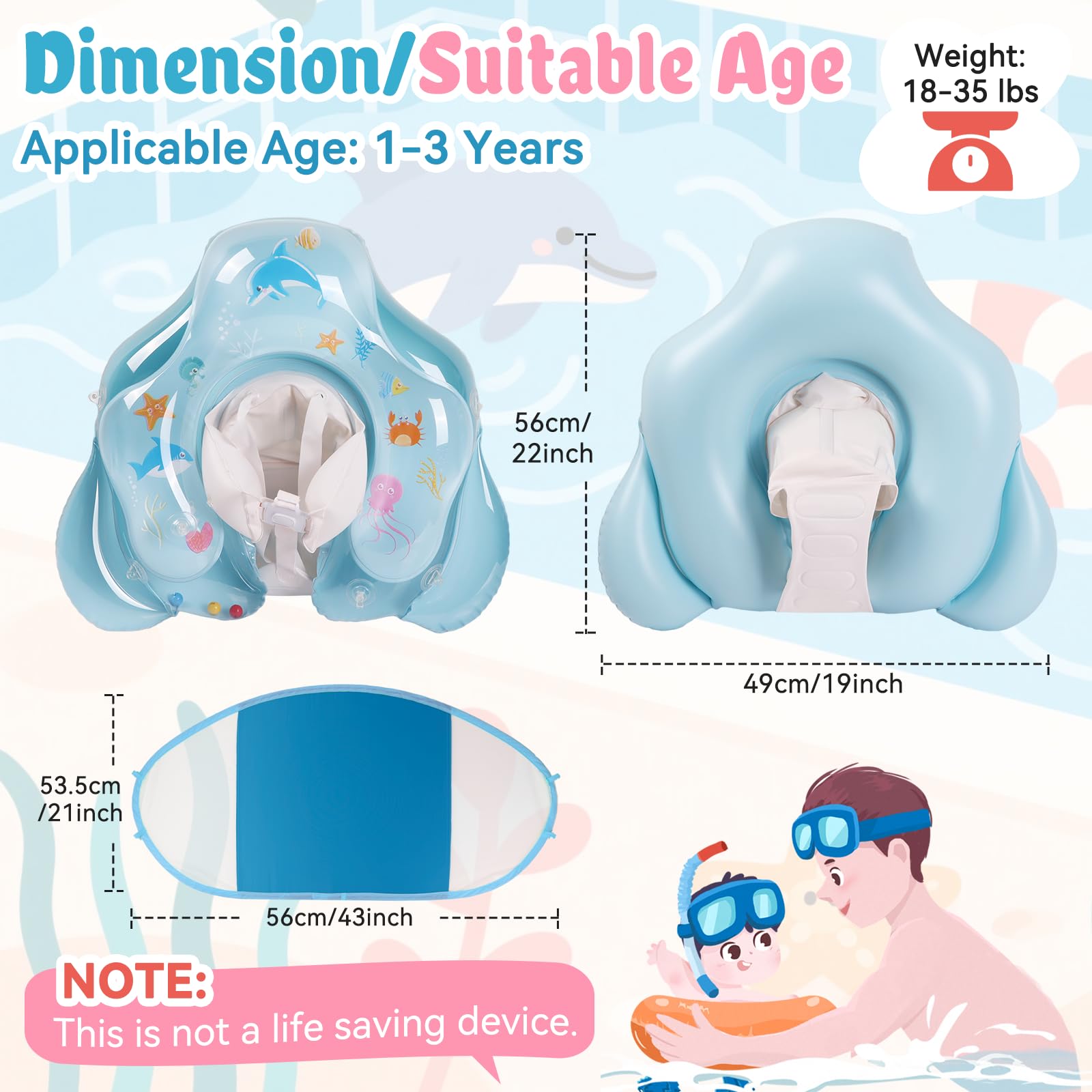 Ninonly Flotador Bebe con Sombrilla UV UPF 50+ Flotador Inflable para Bebe de Protección Solar Antivuelco Piscina Bebé con Asiento y Respaldo para Niños de 12 a 36 Meses