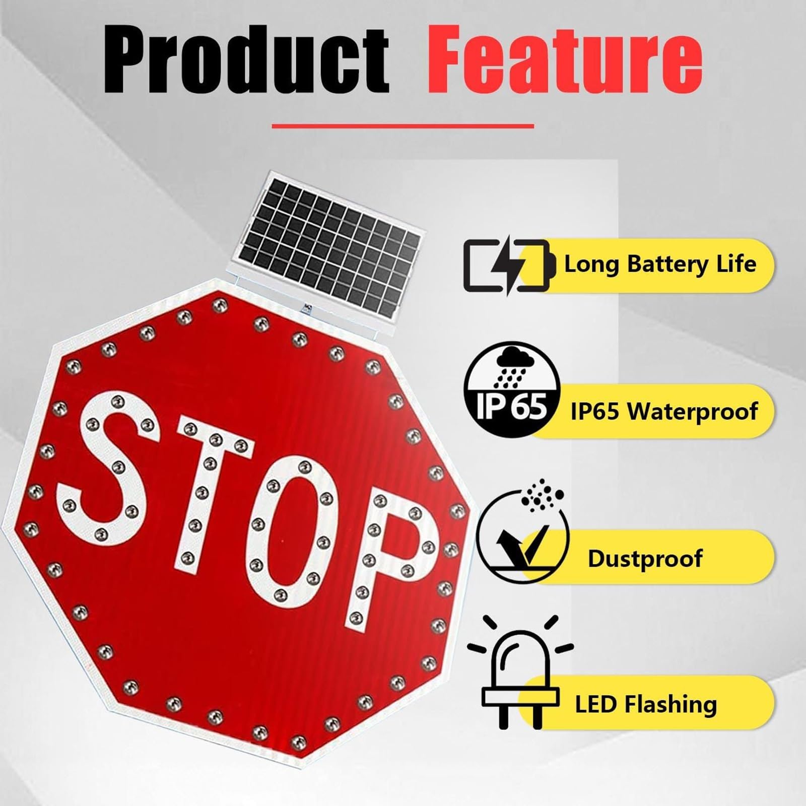 Señales De Stop Con Paneles Solares Reflectantes, Señales De Alto Solares, Visibilidad: >800 Metros, Control Inteligente Del Sensor De Luz, Protección UV E Impermeable(60 * 60cm/24in)
