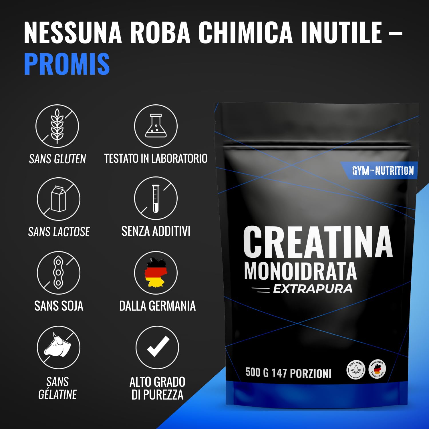 Creatina Monoidrata 500g - 147 Porzioni - Extrapura & Senza Impurità - per fitness, allenamento e palestra - Vegan e Sviluppata in Germania - Si scioglie facilmente