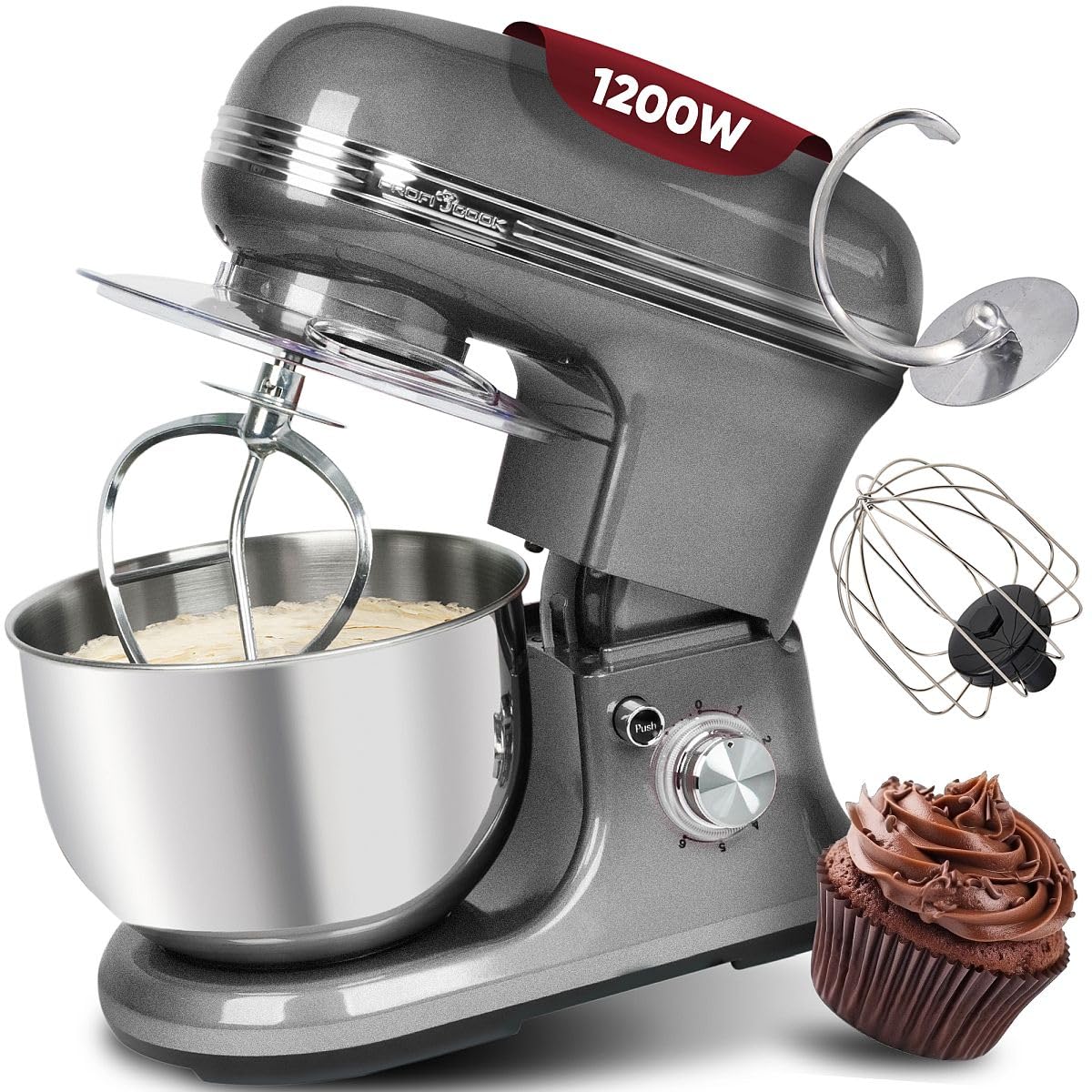 ProfiCook® Küchenmaschine zum backen | Knetmaschine 5L mit starkem 1200W Motor | Teigmaschine inkl. Haken & Schneebesen | Retro Teigknetmaschine Spritzschutz mit Nachfüllöffnung | PC KM 1197 anthrazit