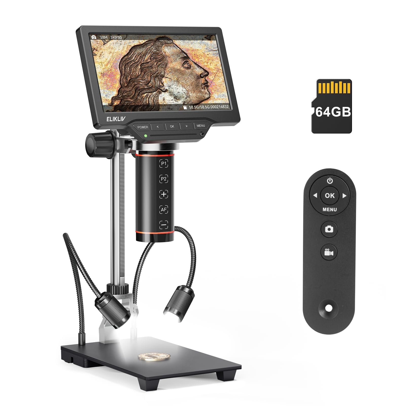 Elikliv EM3K-AF Microscopio Digitale 3K Autofocus HDMI per Saldature, Schermo LCD da 7" e 38MP, Lente per Monete e Saldatura, Supporto da 10'', Compatibile PC/Windows/Mac OS, 64 GB