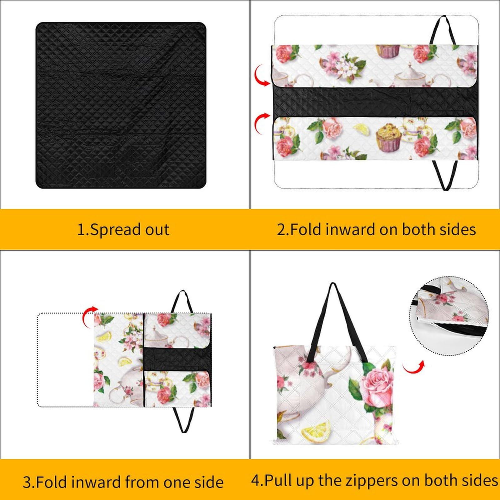 Tappetino da picnic con cerniera, torta e teiera, coperta da picnic floreale, tappeti per esterni, 150 cm x 150 cm