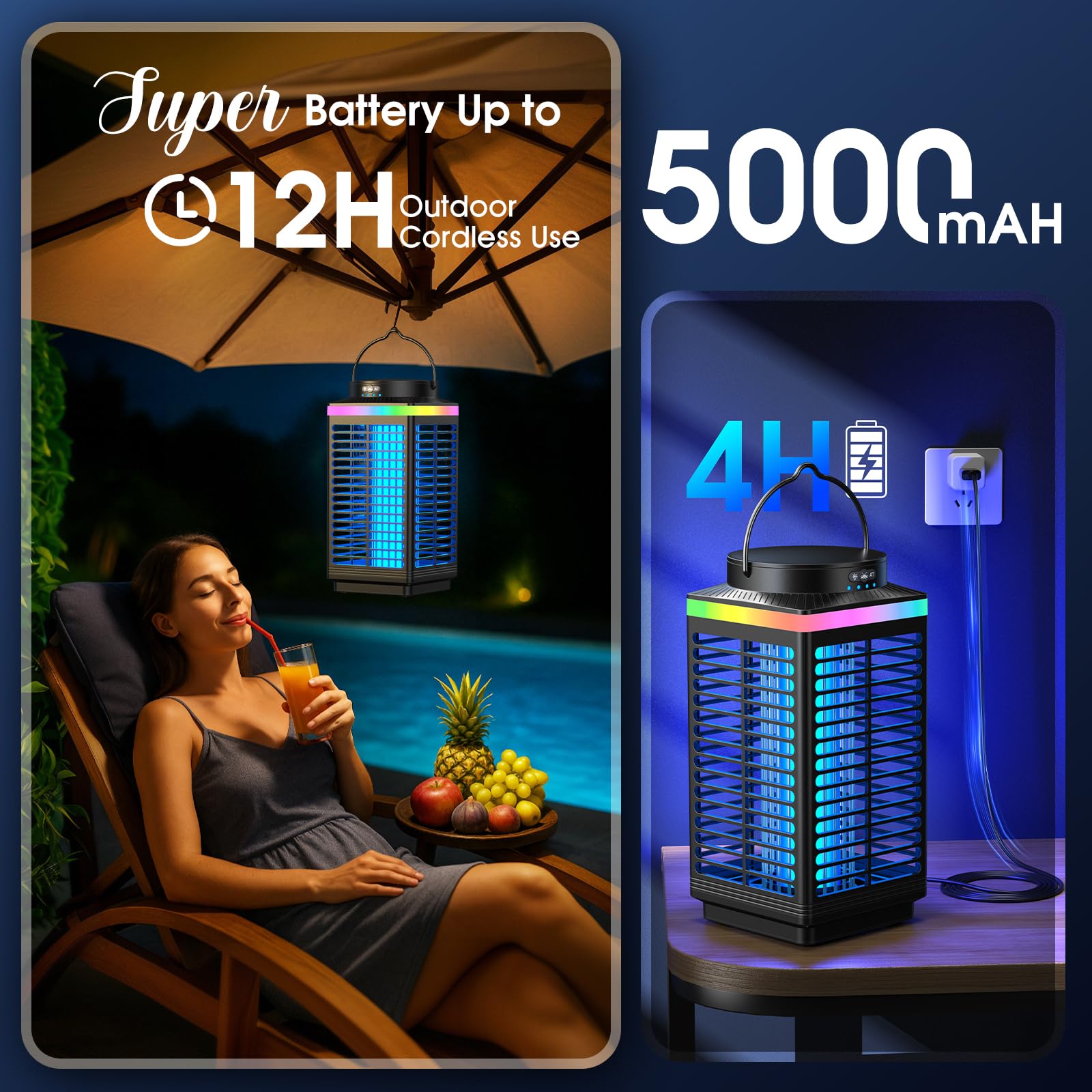 Zapper per insetti da esterni, 4 in 1, 4200 V, ricaricabile, senza fili, con batteria da 5000 mAh, portatile e wireless, impermeabile IP68, per patio, campeggio, casa