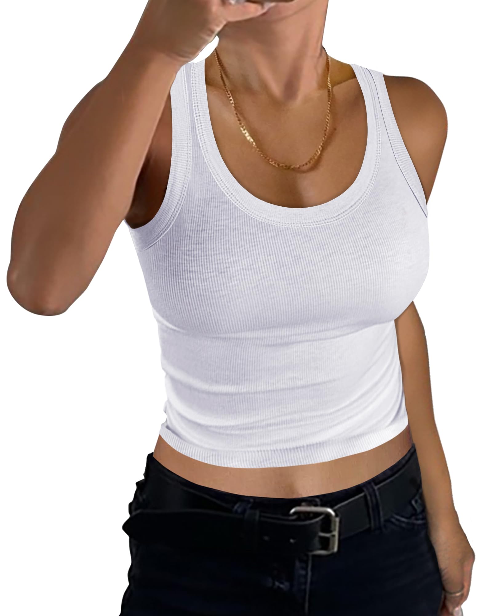 GEMBERA Women Sleeveless Scoop Neck Racerback Ribbed Knit Fitted Teen Basic Crop Tank Top Shirt