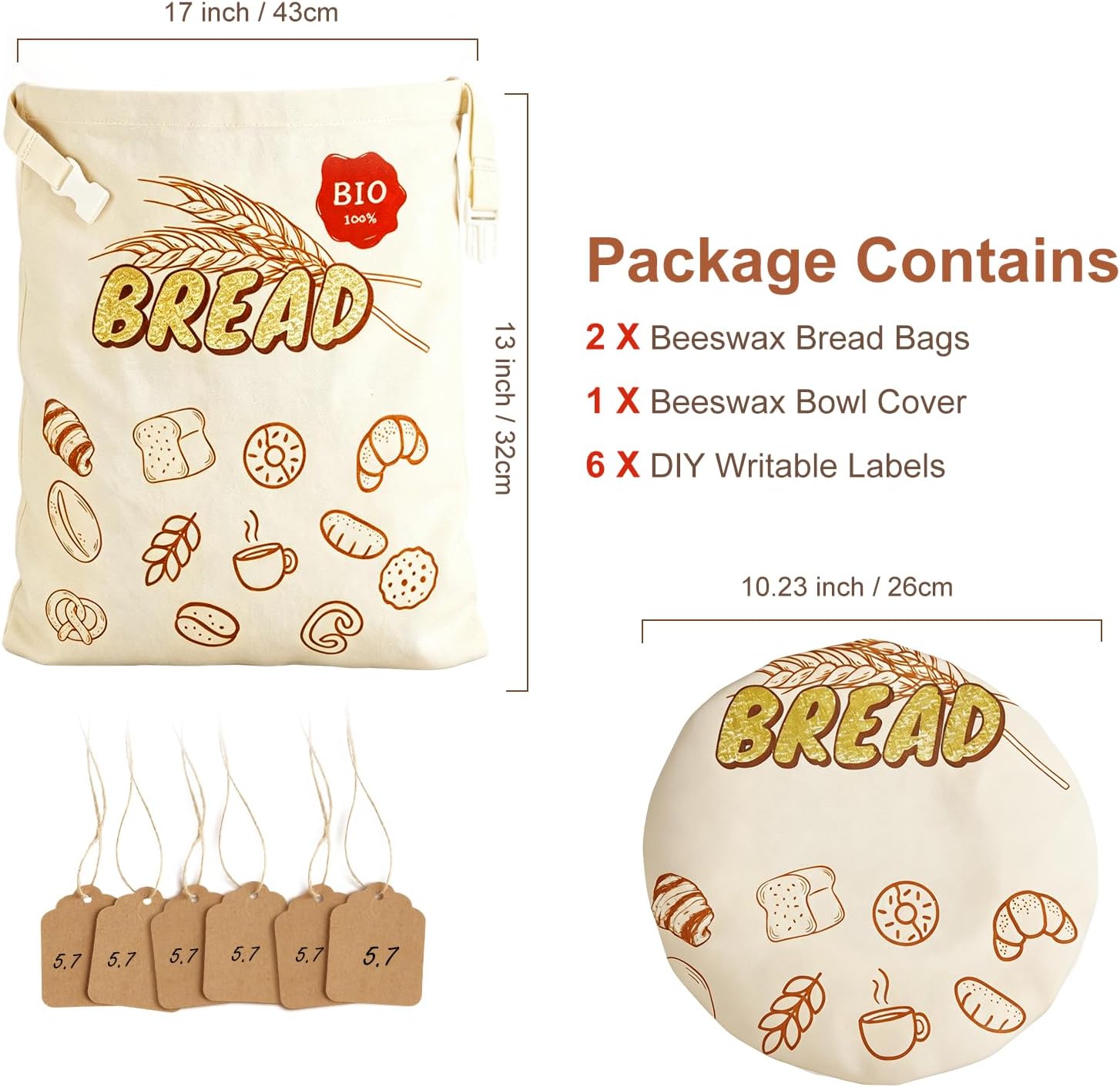 Beeswax Bread Bags for Sourdough, 2 Pack XL Reusable Cotton Linen Food Storage with Removable Beeswax Liner Includes a Proofing Cover, for Homemade Bread Bagels & Cookies 17x13 Inch to Keep Fresh